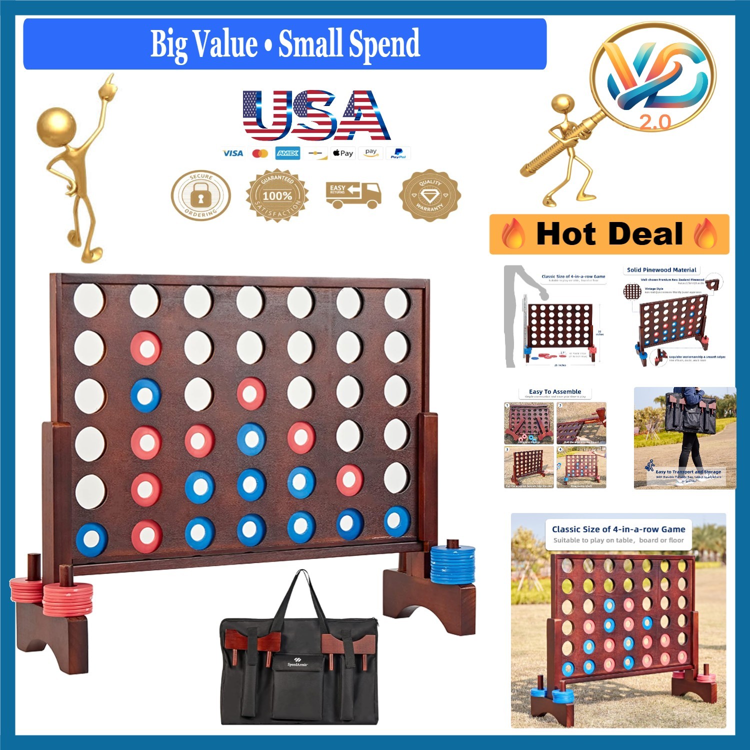 Giant Wooden Connect Four Game Indoor Outdoor Teen Kids 22×26 Inches