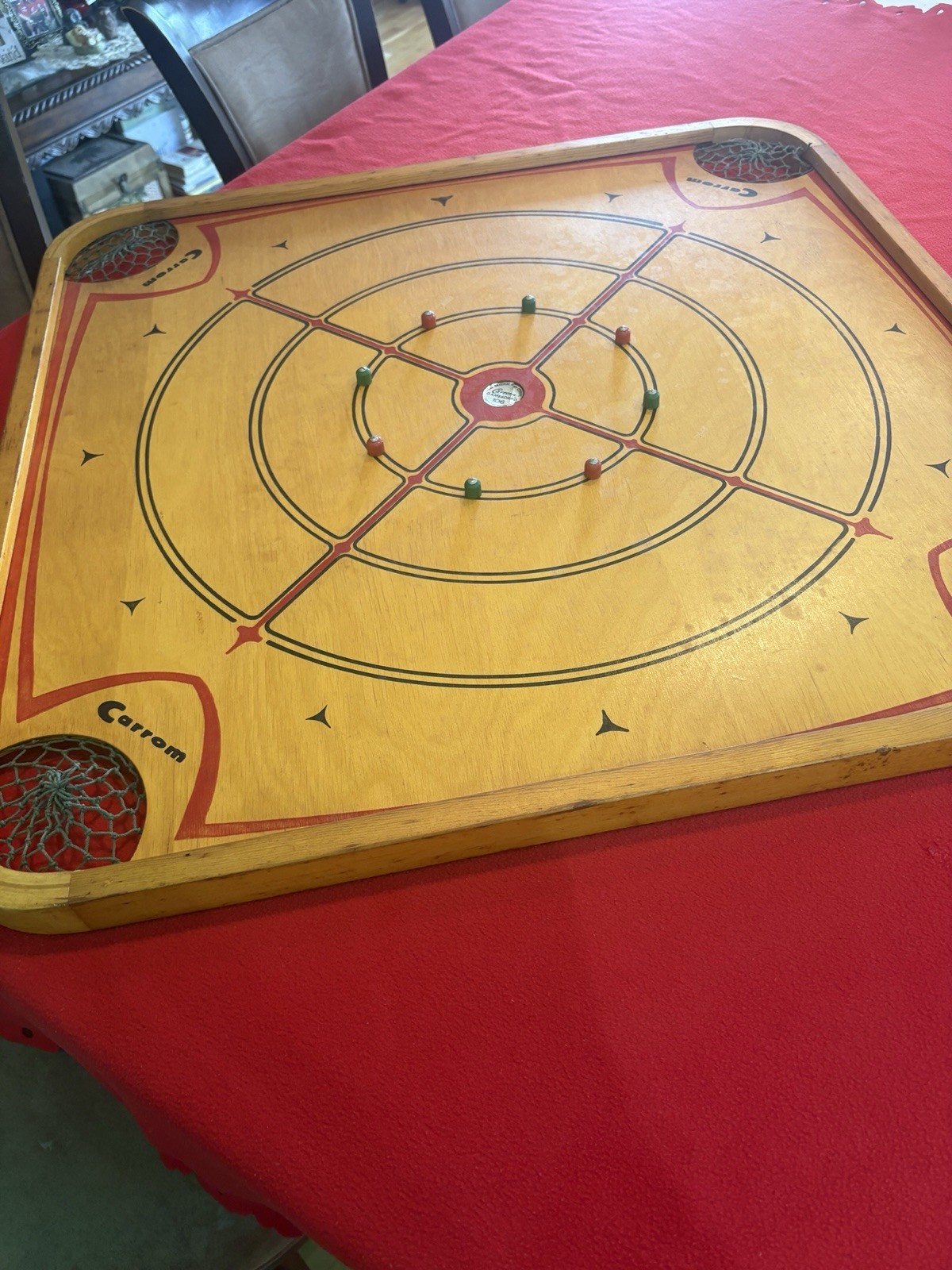 Vintage Carrom Game Board Model 106 Wood Two-Sided 28″ x 28″ w/ Corner Nets.