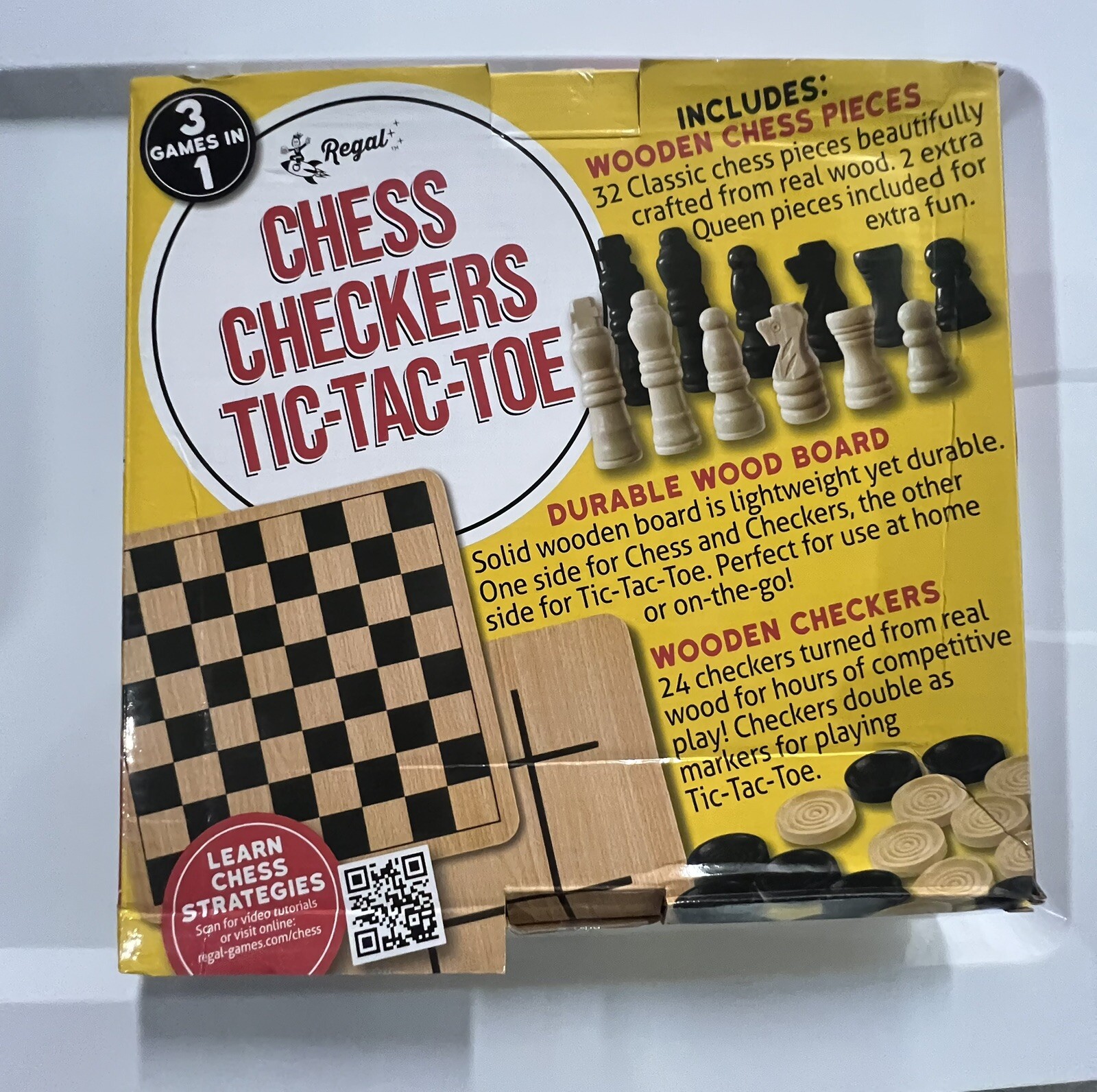 Regal Games 3-in-1 Reversible Wooden Board for Chess Checkers & Tic-Tac-Toe VGC