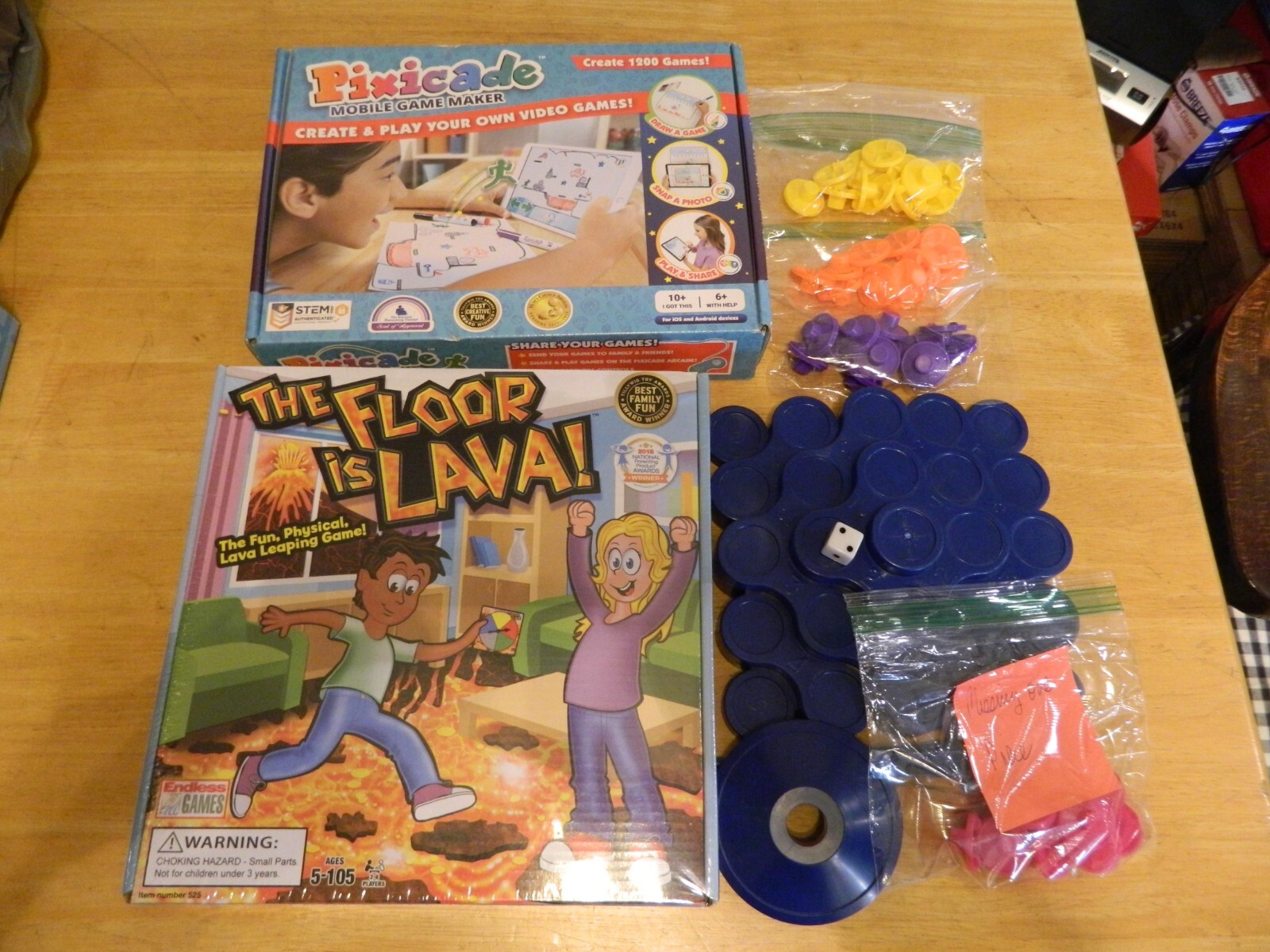 Lot of 3 Kids Board Games – Topple, Floor is Lava, Pixicade Mobile Game Maker