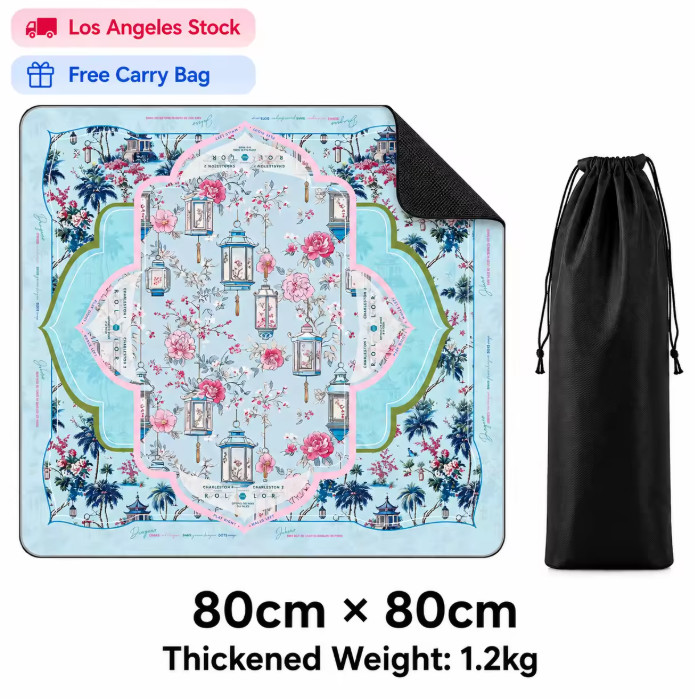 80x80cm Thickened Mahjong Table Mat Blue White Lanterns Rubber Backed Carry Bag