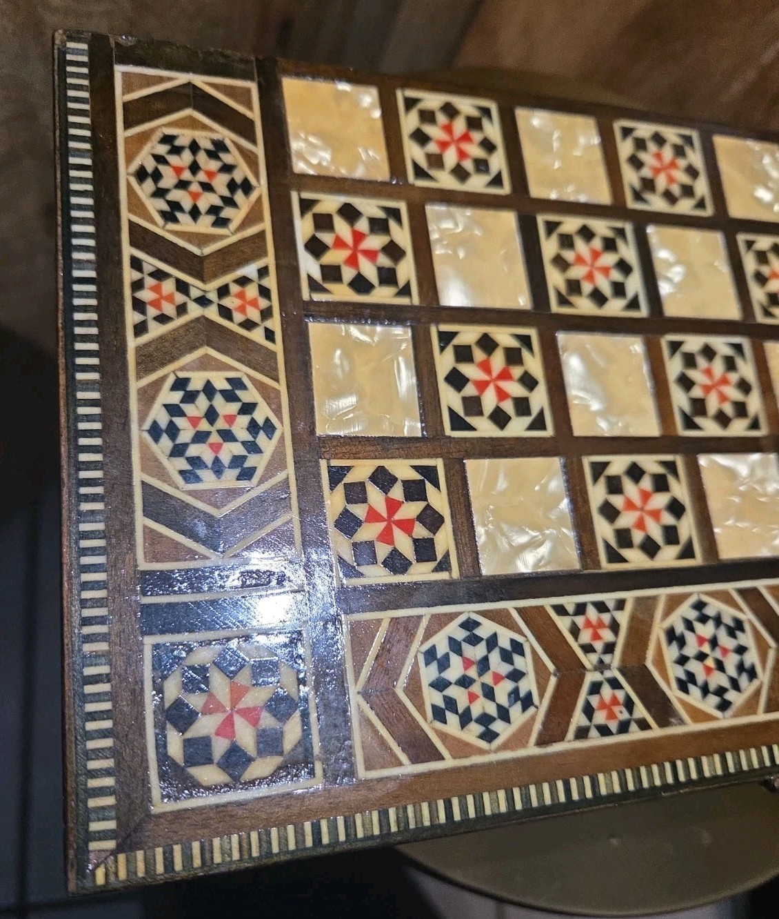 Vintage Mosaic Inlay Chess Backgammon Set Handcrafted Wood Marquetry Game Box