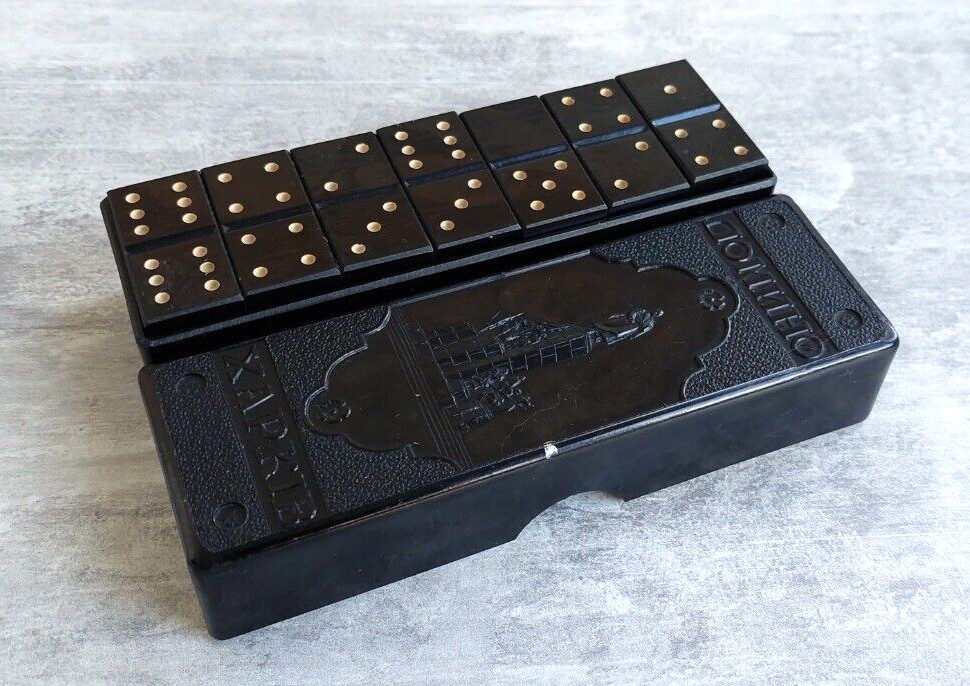 1960’s USSR Soviet Ukraine Dominoes KHARKIV in Bakelite Original Box 16+
