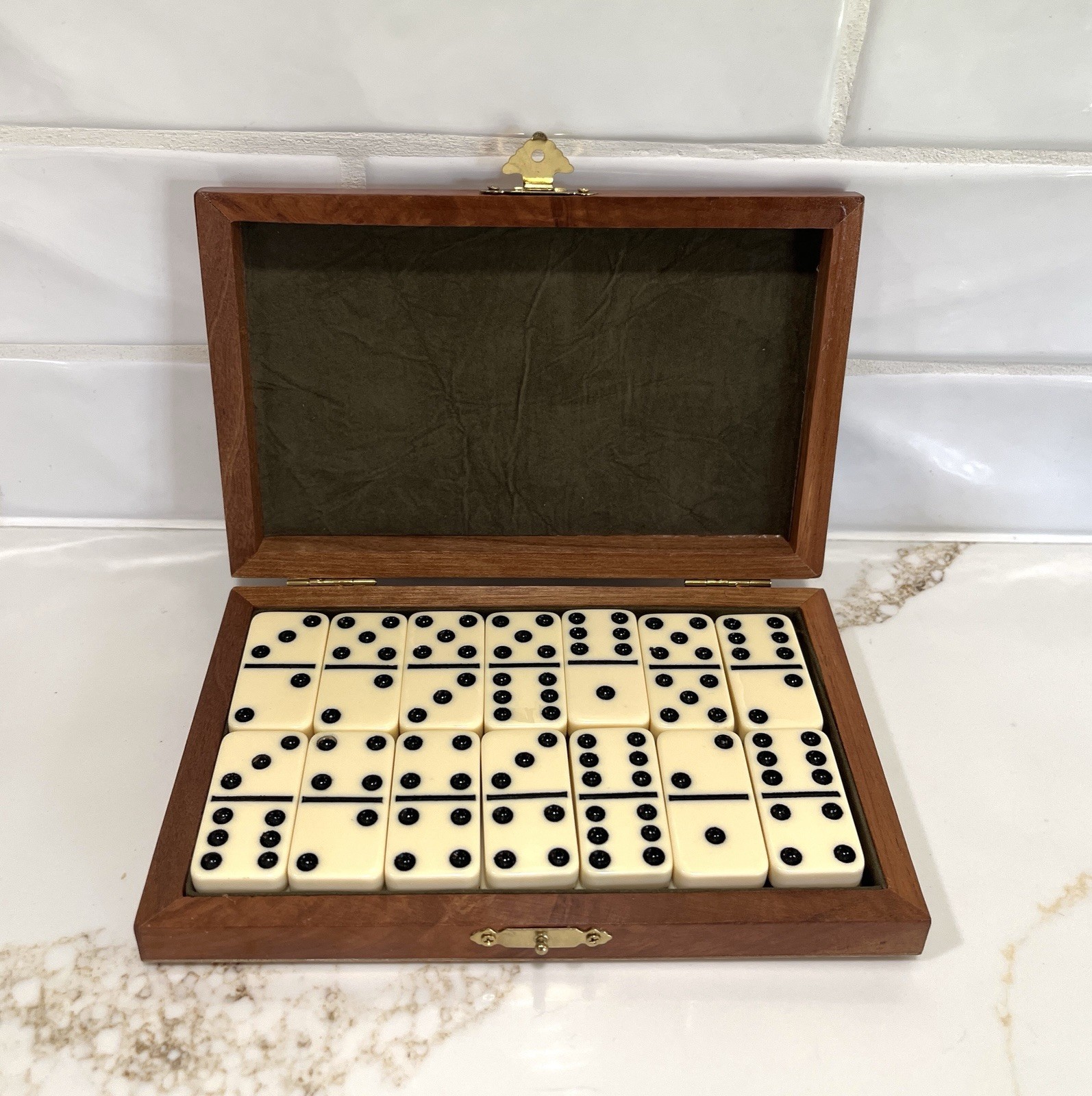 Vintage Double Dix Dominoes-28 Ivory Tiles in Original Wooden Hinged Box