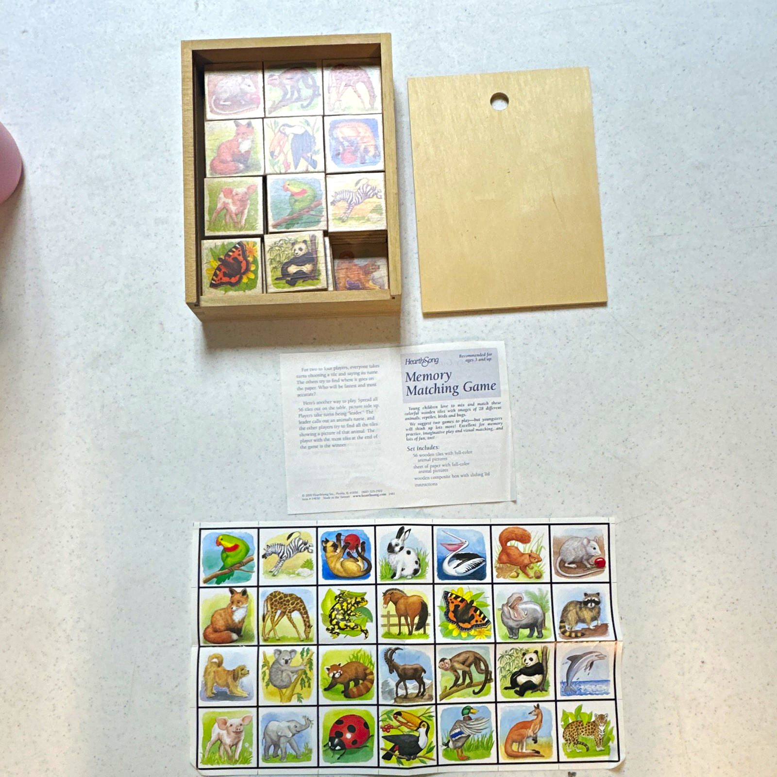 HearthSong Memory Matching Game Wooden Animal Tiles, Ages 3+ 2+ Players