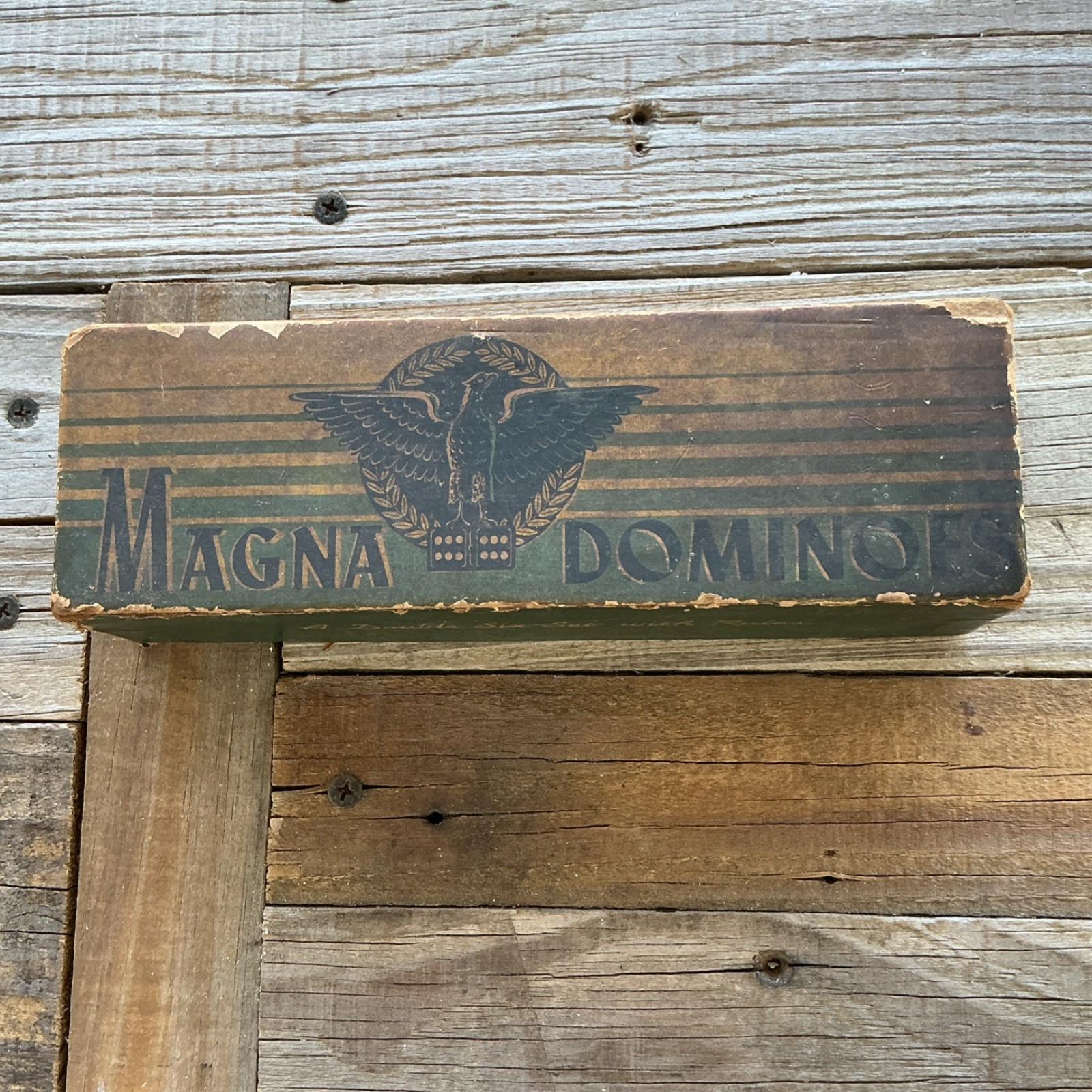 Antique Magna Dominoes Double Six Set The Embossing Co. Albany NY SINGLE EAGLE