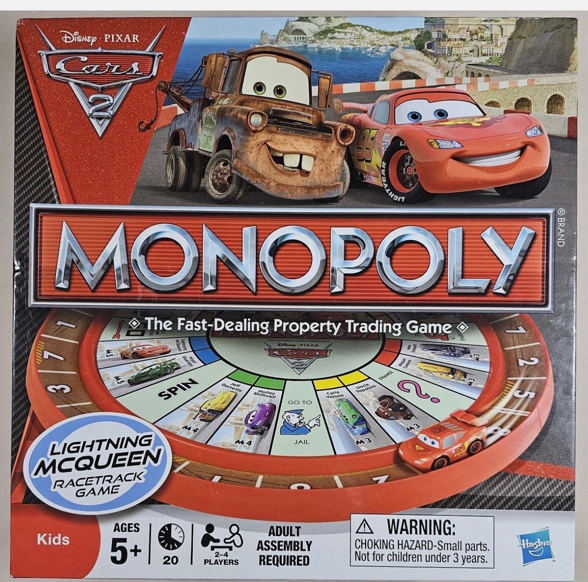 Disney Pixar Cars 2 Monopoly Lightning McQueen Racetrack Game Missing 2 Tires