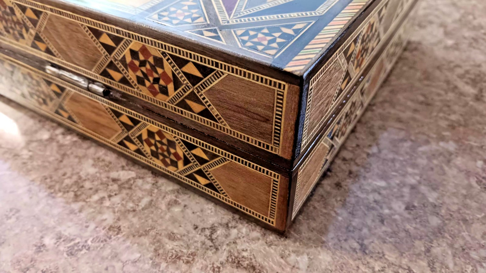 Wood Backgammon Game Box Vintage Inlaid Wood Middle Eastern Mosaic 16x8x3 inches