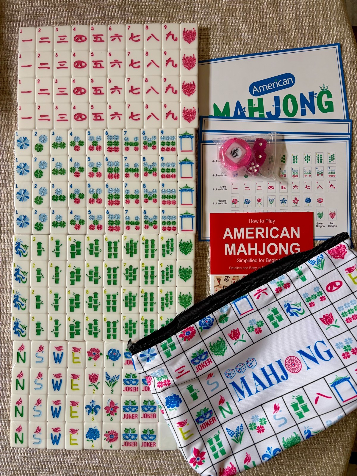 American Mahjong Tile Set peach pink blush w/bag, dice, instructions 160 Acrylic