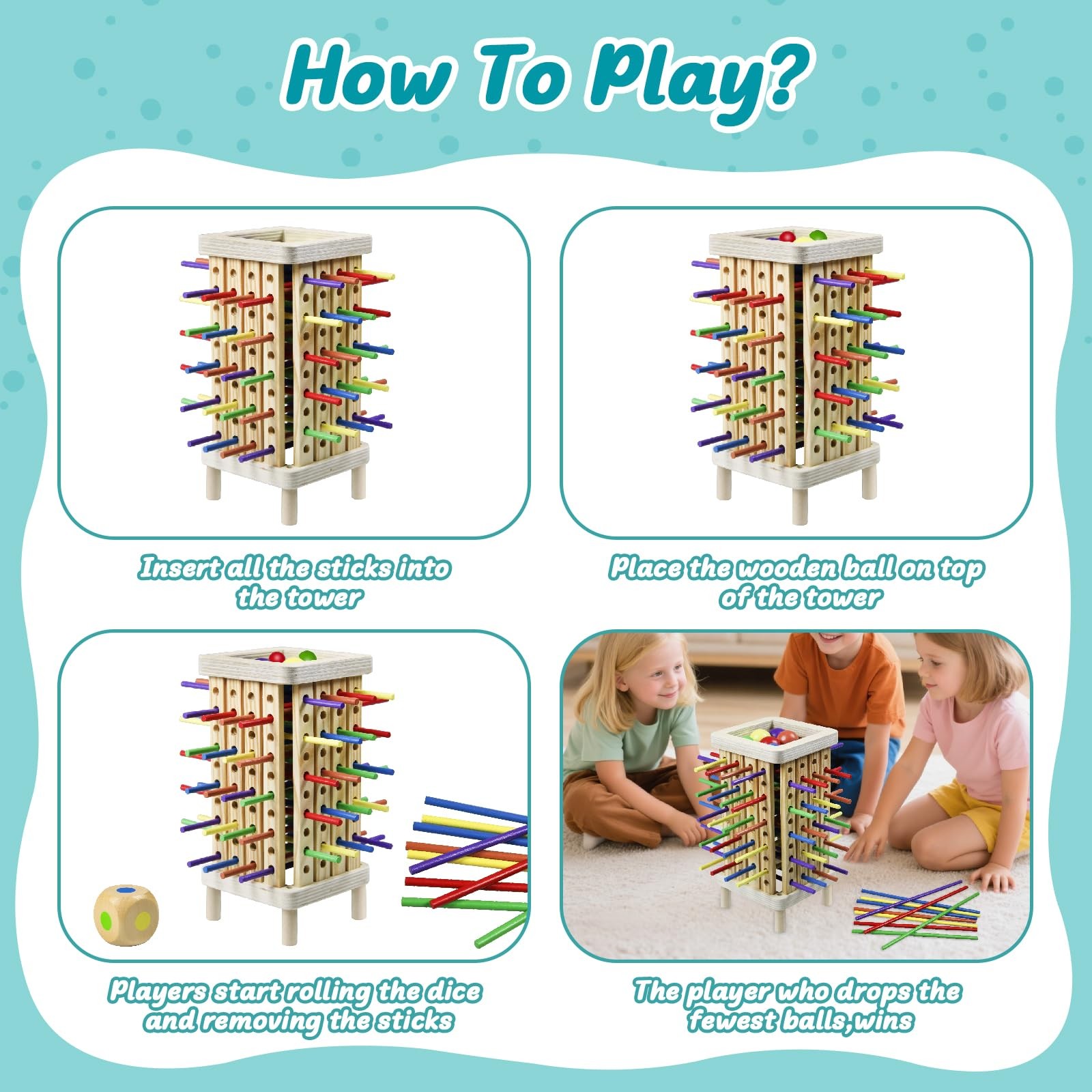 Montessori Game Wooden Board Game, 42 Colorful Wooden Sticks Dice Game Math L…