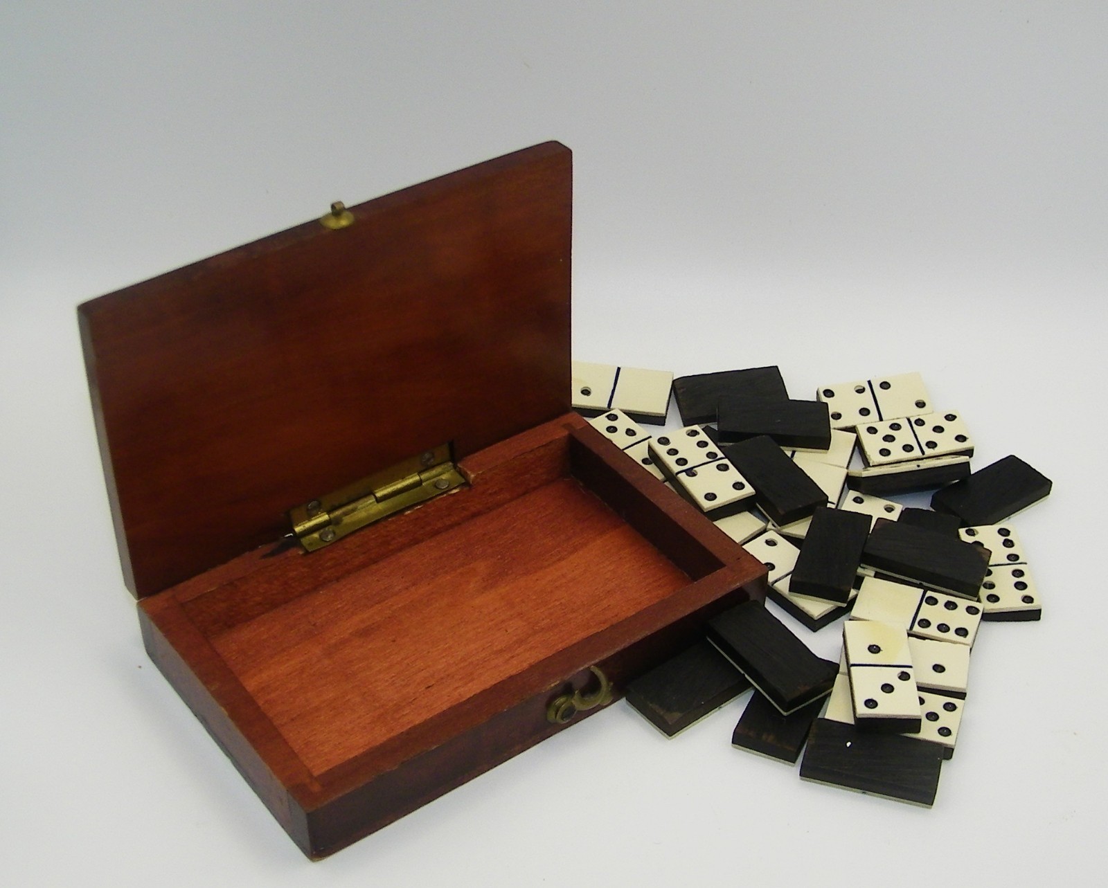 Antique complete Miniature Domino Set in Wood Portable Box Rich Patina