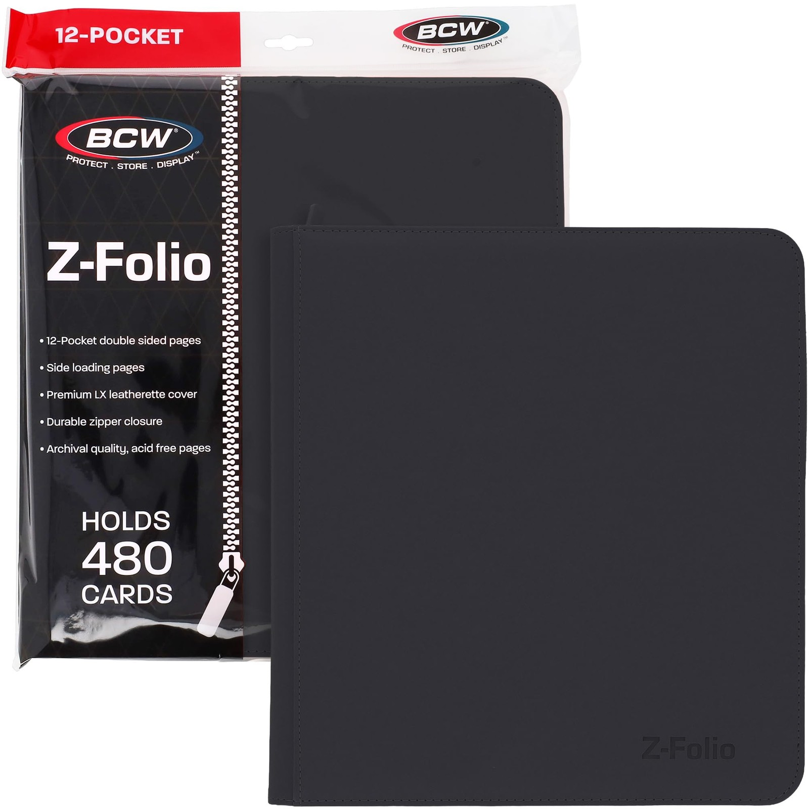 BCW 12-Pocket Zipper-Folio LX Trading Card Binder (Black) | Large, Black