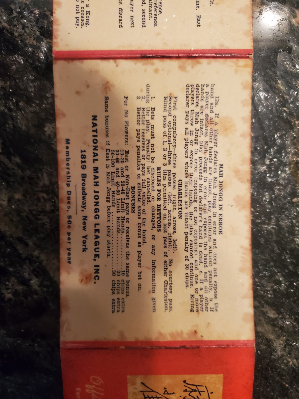HISTORIC 1941-42 NMJL Official Standard Hands & Rules Card – Red Cover