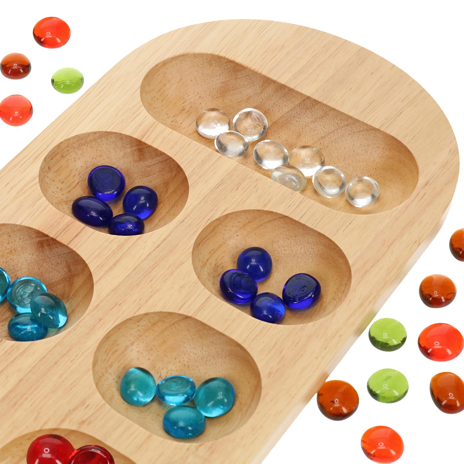 WE Games Mancala Board Game – 22 in., Solid Natural Wood Board and Glass Stones