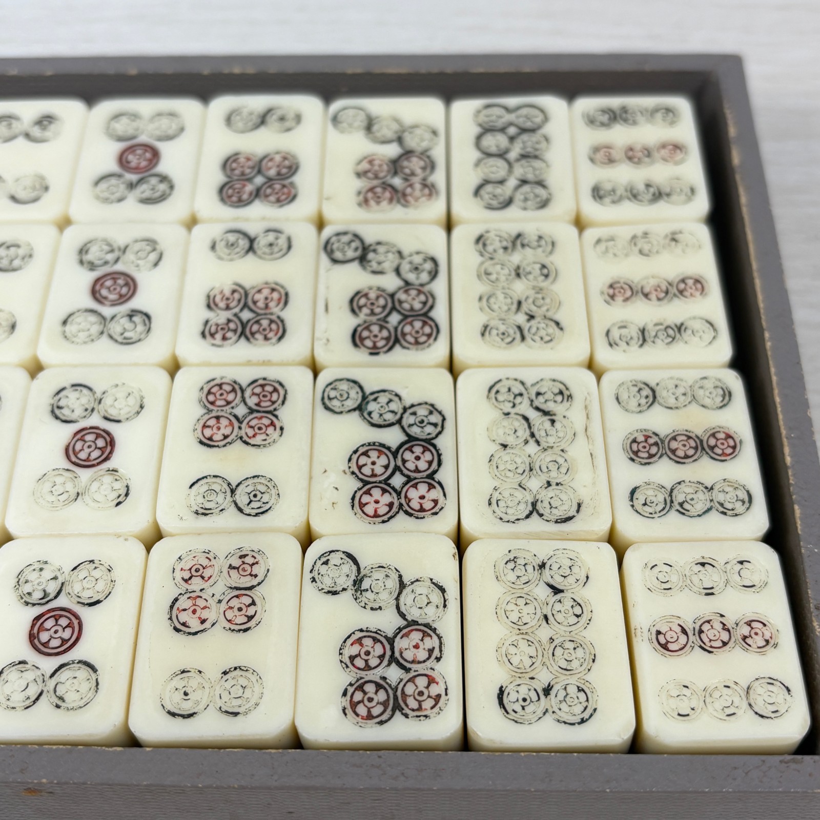 Vintage Japanese Mahjong Tile Set Brown Leather Case 1950s-60s Ivory Tiles AS-IS
