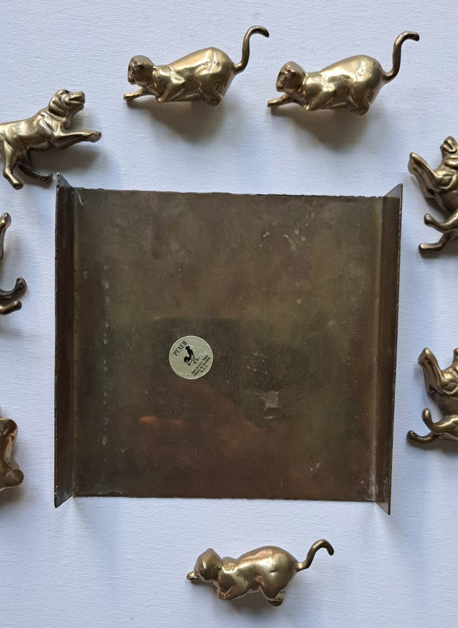 VTG PENCO Brass CAT & DOG Figurine Tic Tac Toe Game Labrador Golden Retriever