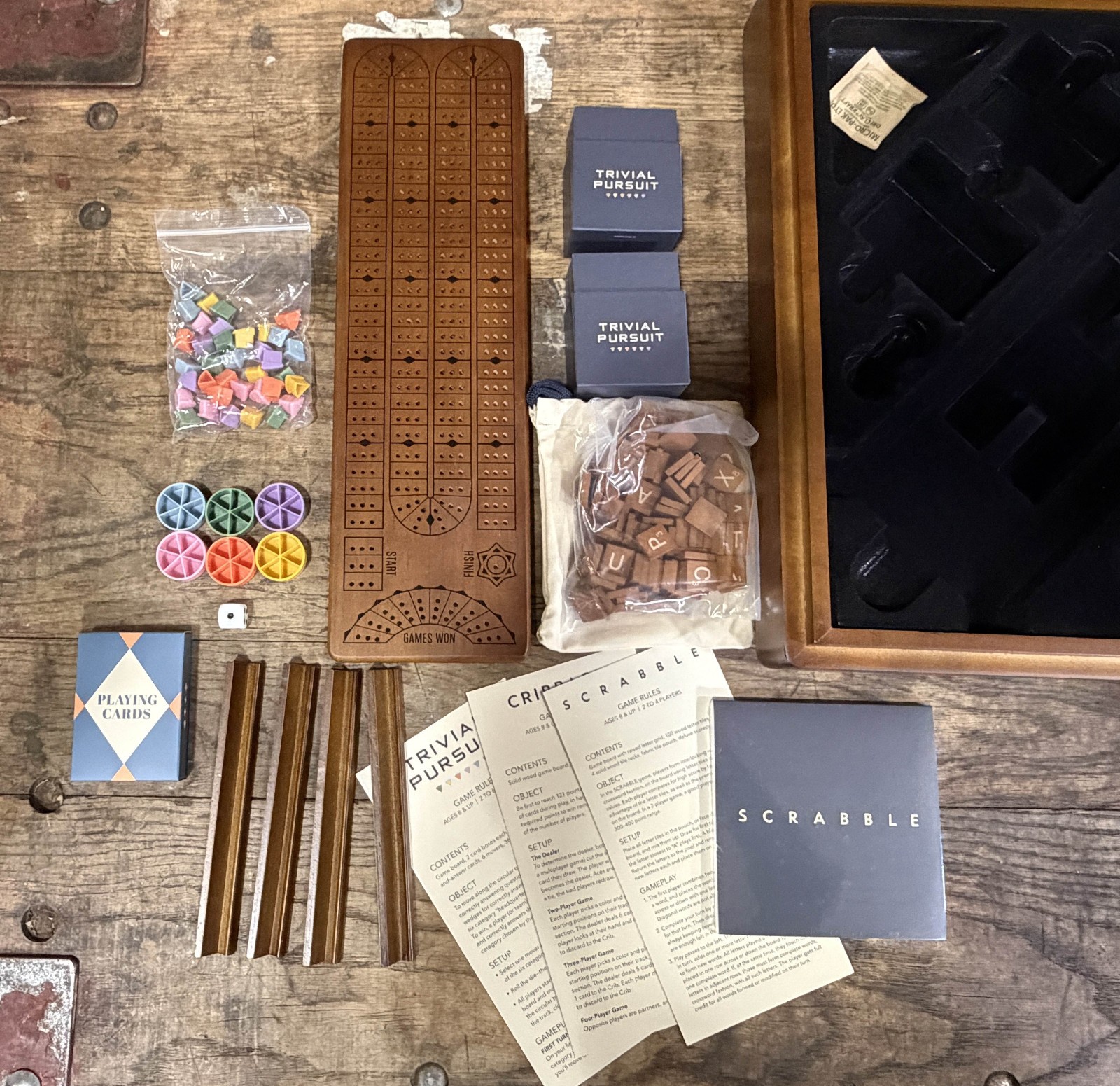 Scrabble 3-in-1 Premium Game Collection w/ Trivial Pursuit & Cribbage Open Box