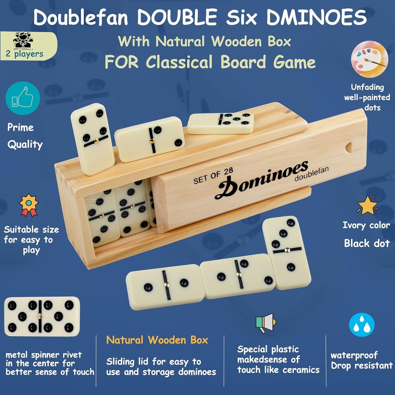 Dominoes Set for Adults, Dominos Set with 28 Ivory Tiles, Double Six Dominos Gam