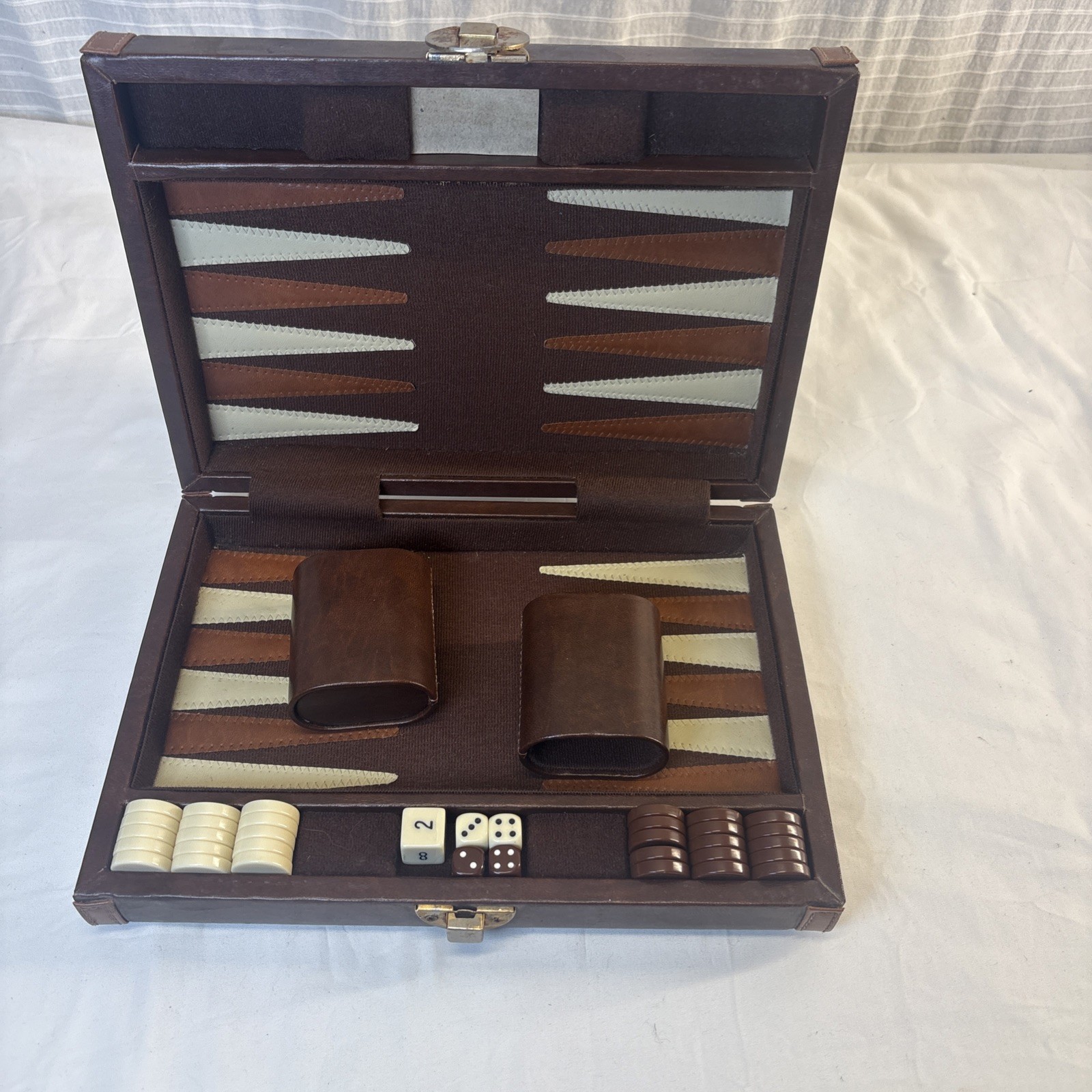 Vintage Travel Backgammon Set 10.5 X 7.5 Brown Faux Leather COMPLETE SET