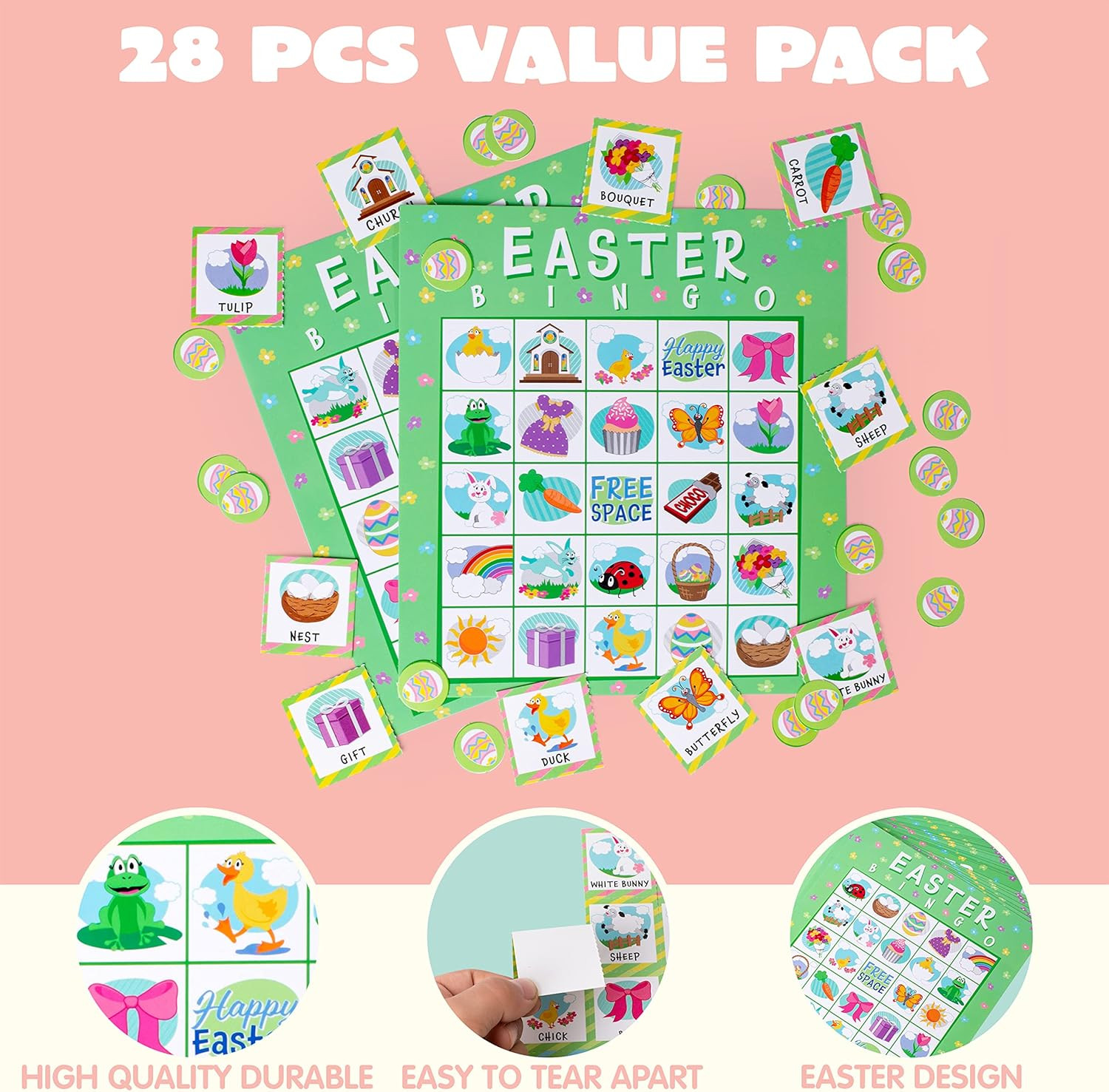 28 Players Easter Bingo Cards 5×5 Party Game Classroom Family Activity for Kids!