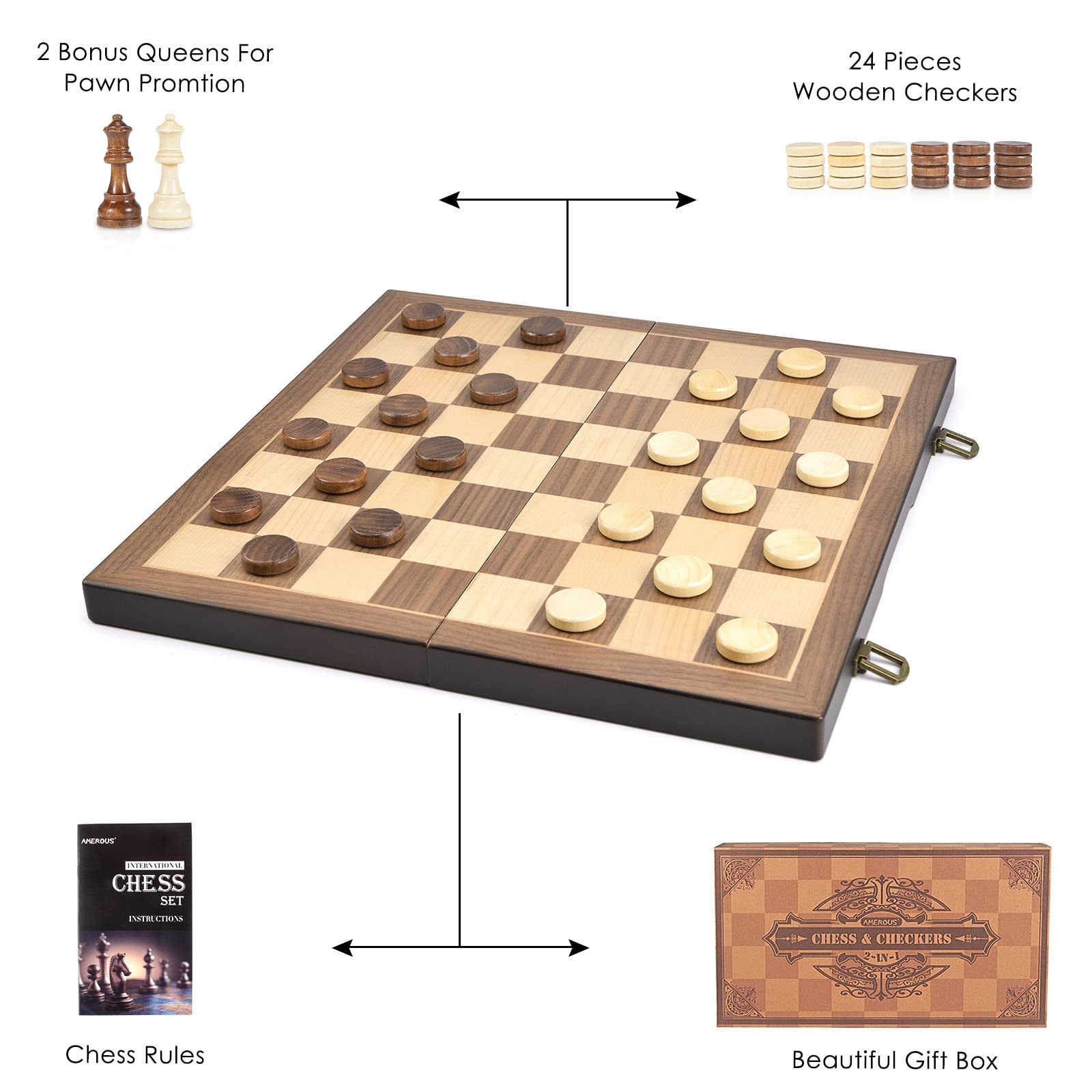 Magnetic Wooden Chess and Checkers Game Set, 15 Inches (2 in 1) Chess Board G…