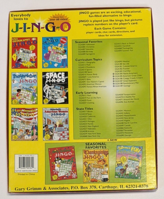 Vintage 2002 JINGO Native Americans Bingo Trivia Educational Game-Gary Grimm
