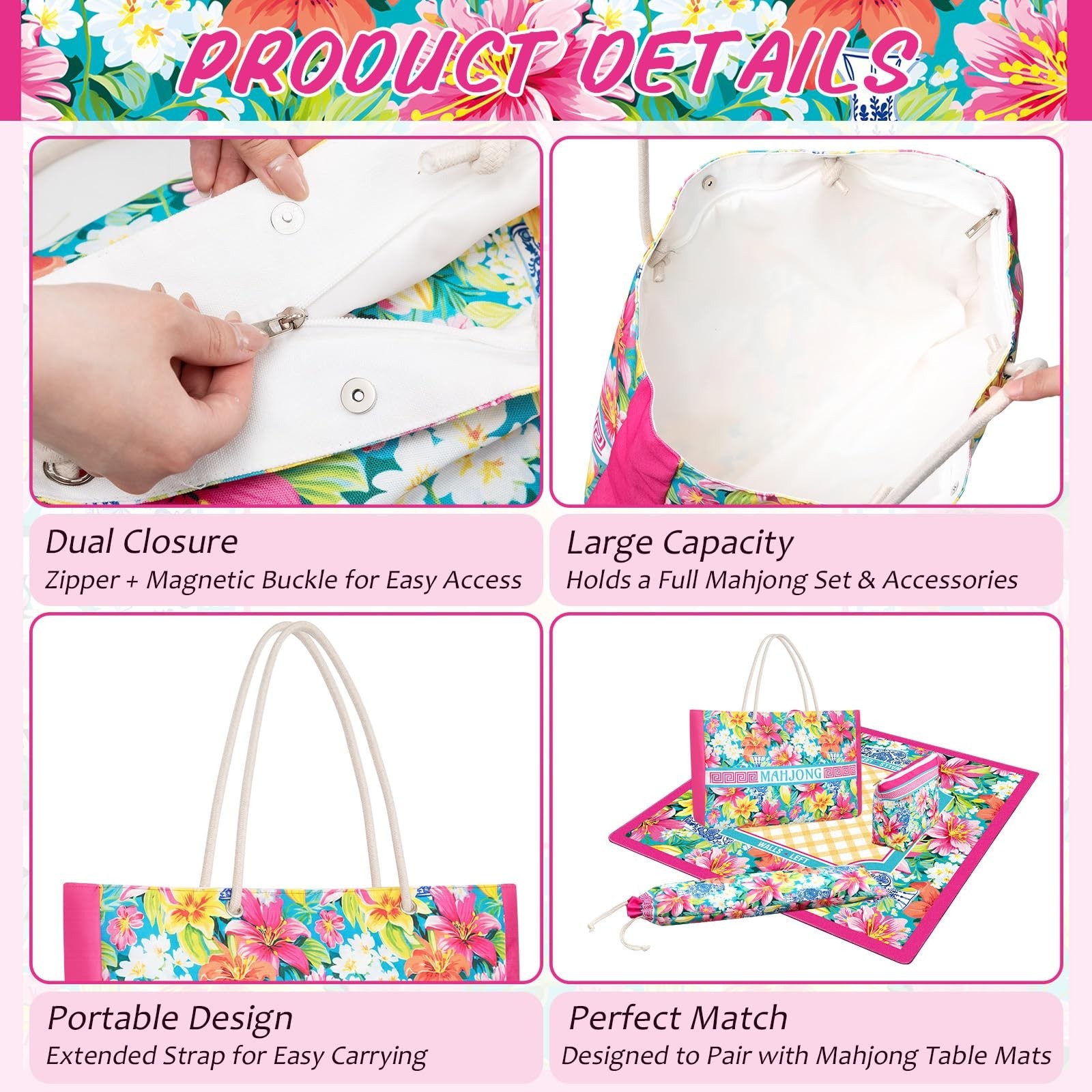 3 Pcs Mahjong Bag Set – Zippered Carrying Case, Tile Holder & Drawstring Sleeve