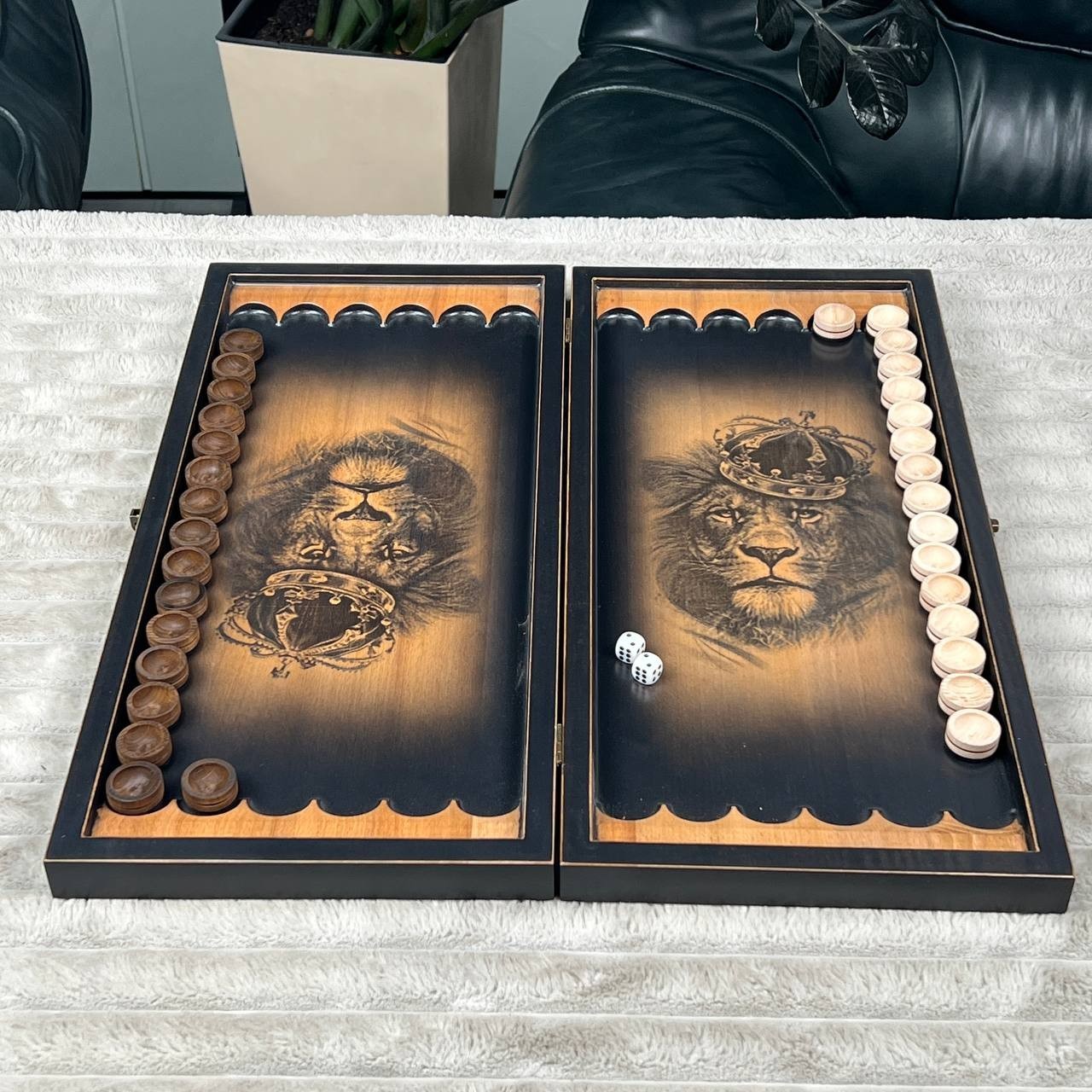 IN STOCK Luxury Ash Wood Backgammon Set Handmade Lion Design Custom Gift Men 20″