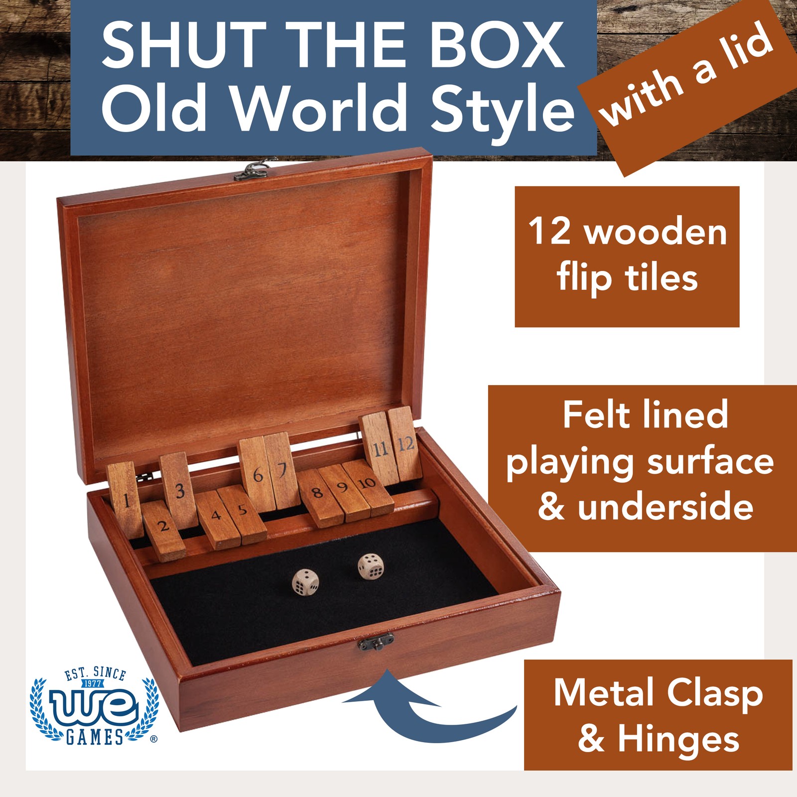 WE Games Board Game with Dice, 12 Numbers, in Cherry Stain Wood Box with Lid