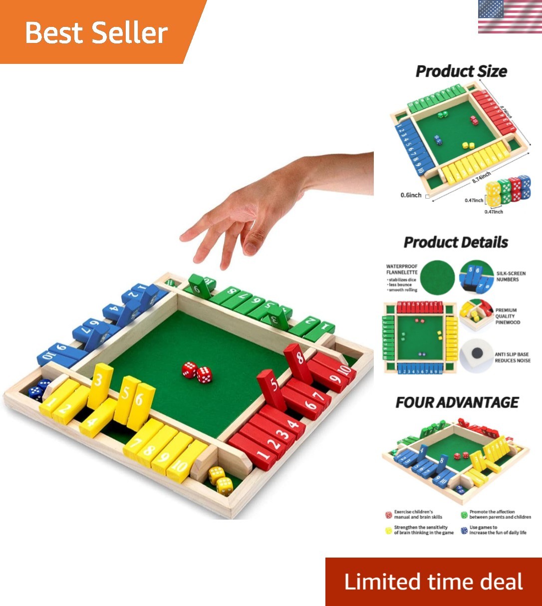 Shut The Box Dice Game,2-4 Player Family Wooden Board Table Math Games for Ad…
