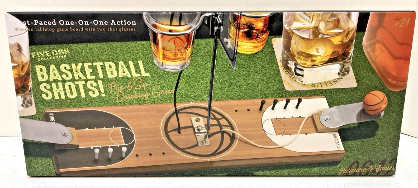 Five Oak Collective Basketball Shots Wooden Game Board With Two Shot Glasses