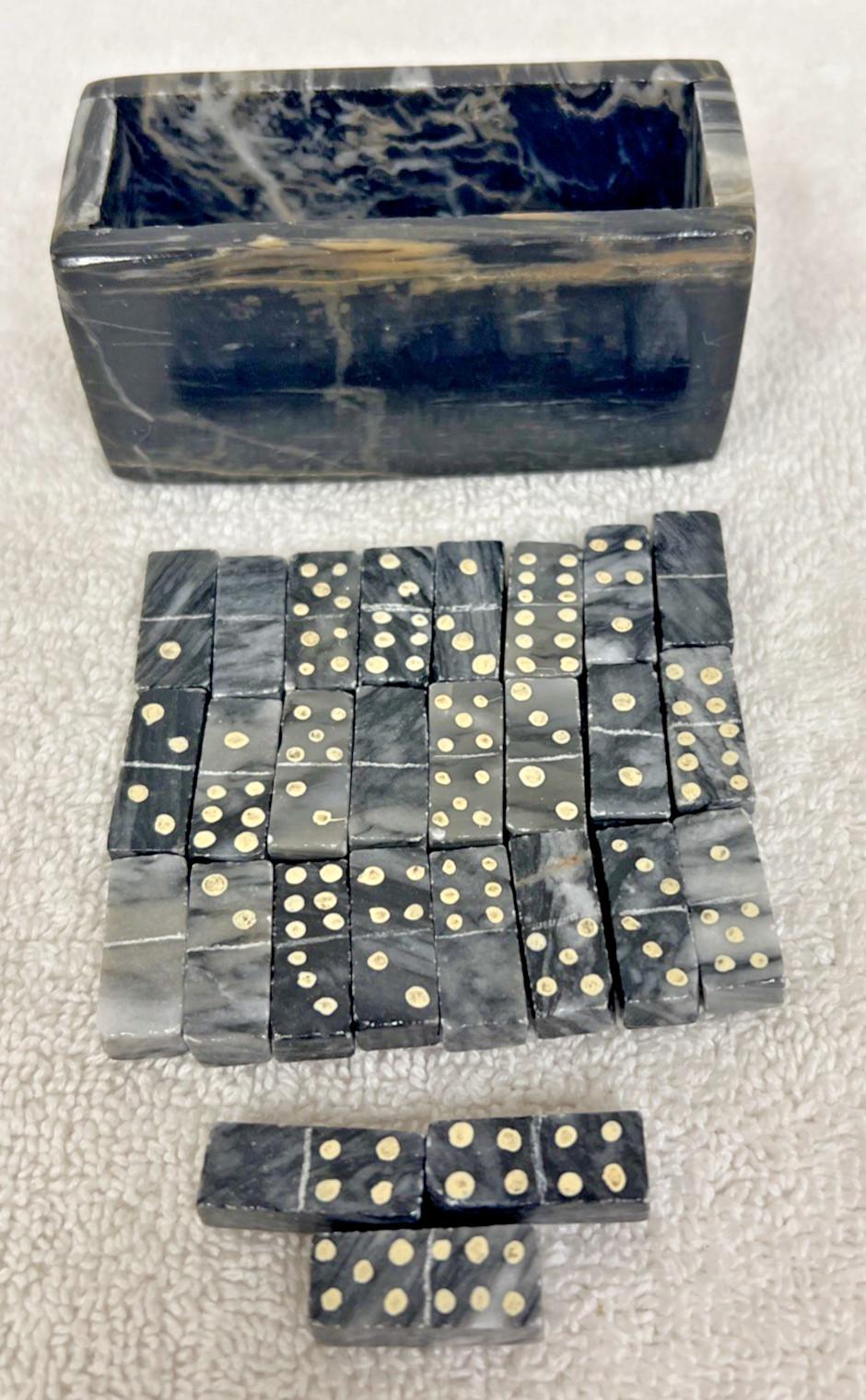 Vintage Handmade Carved Marble Stone Domino Set Box And 27 Pieces