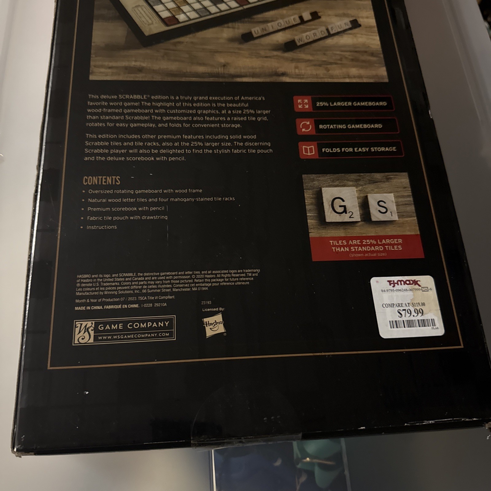 New SCRABBLE Grand Edition -25% Larger, Wooden, Folding, Rotates WS GAME COMPANY