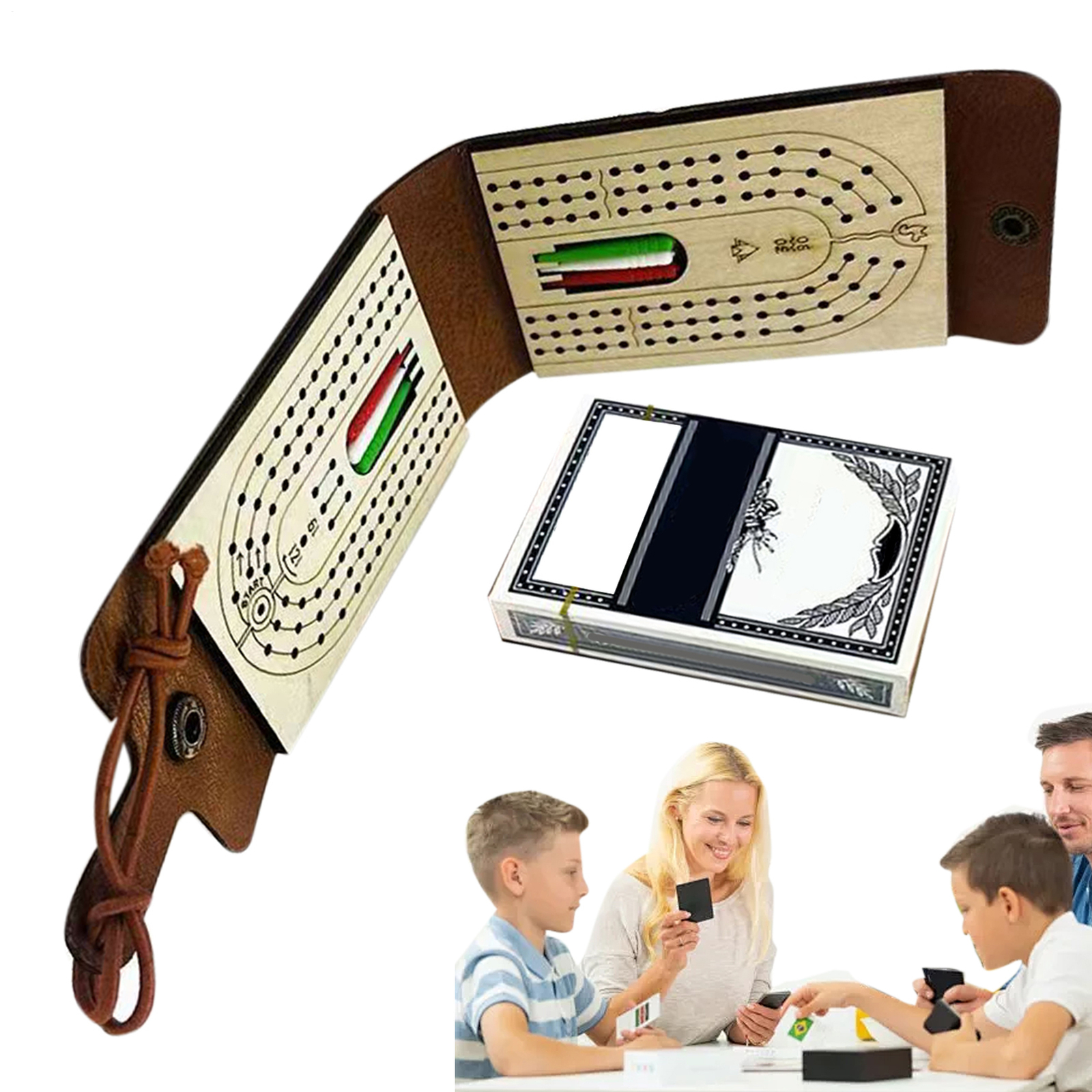 Traditional Cribbage Board Game Leather Storage Folding Classic Playing Cards
