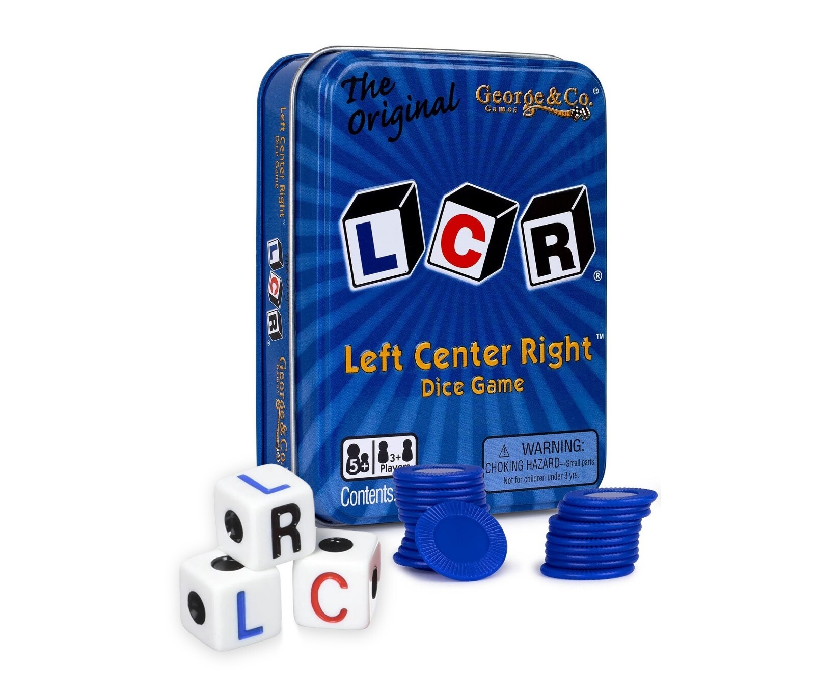 Left Center Right Dice Game Blue LCR Tin Box