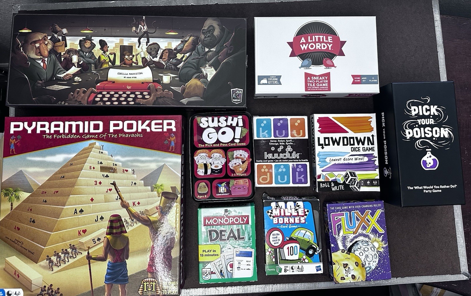 Board Game Bundle: Gorilla Marketing, A Little Wordy, Fluxx, Sushi Go, & more
