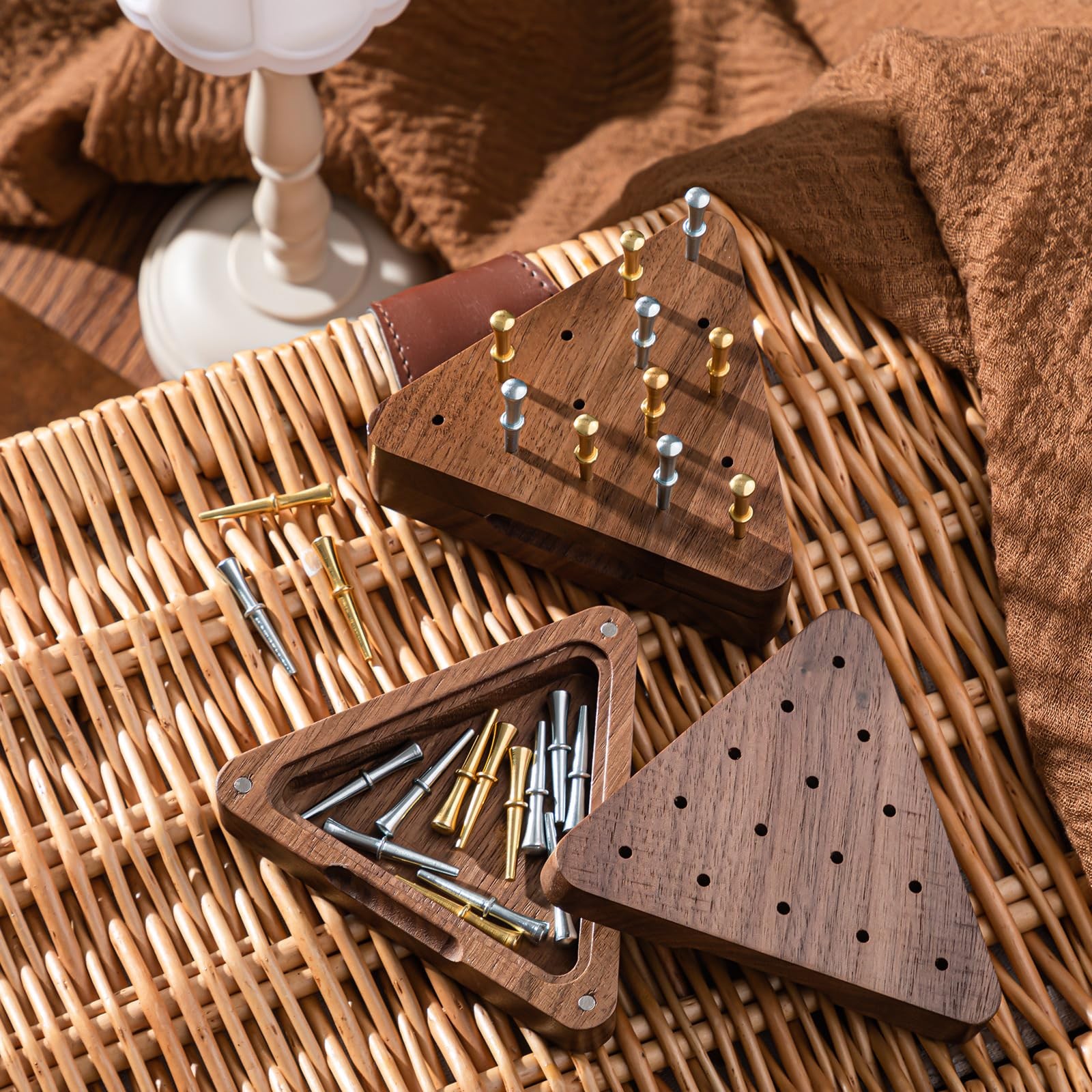 Estune 1 Set 4.3 Inch Walnut Wooden Tricky Triangle Peg Game Portable Board