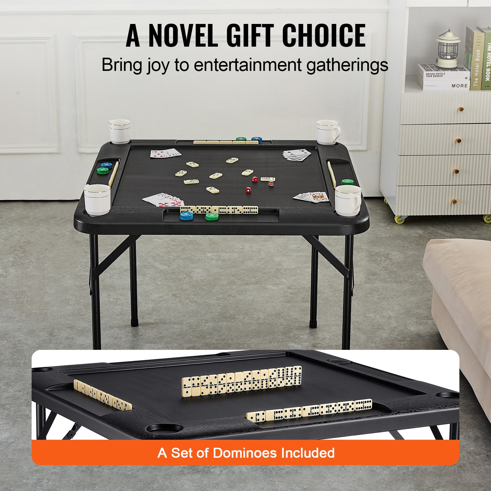 Uimoso Mahjong Table 4Player Folding Card Table & 4 Cup Holders Chip Trays Black