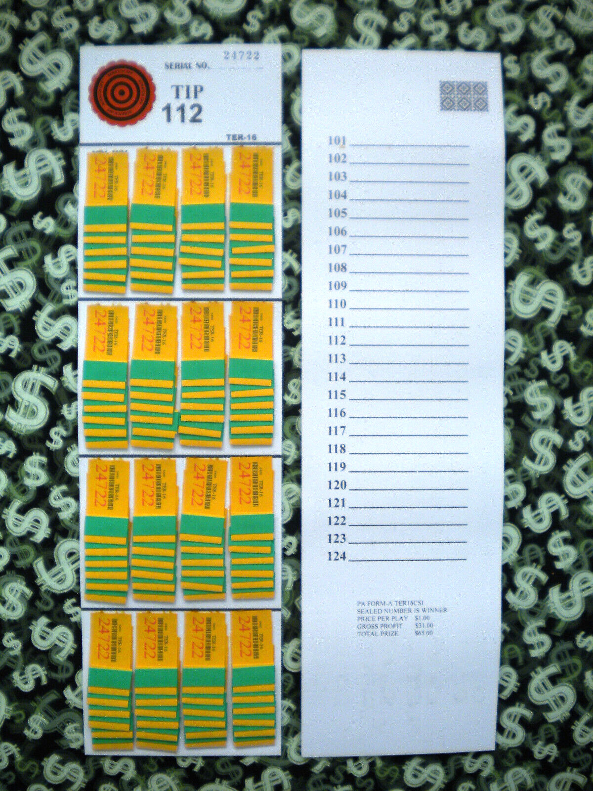 1 Dozen ~ 96 TER-16 REGULAR “NOT Sure” TIP BOARDS {101-124} Pull Tab Jar Tickets