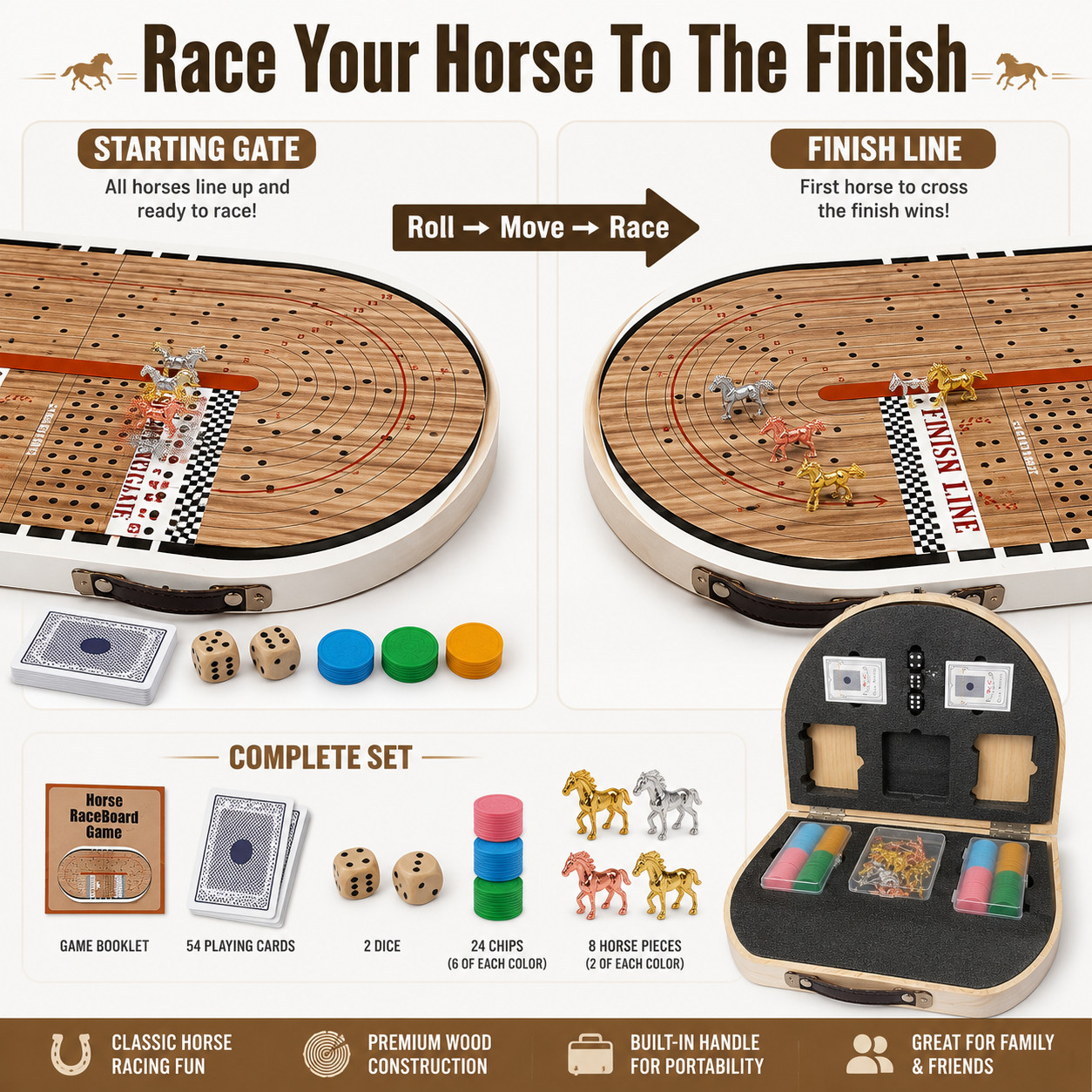 24.8in Wooden Horse Racing Board Game Foldable Large Race Track Set w Accessorie
