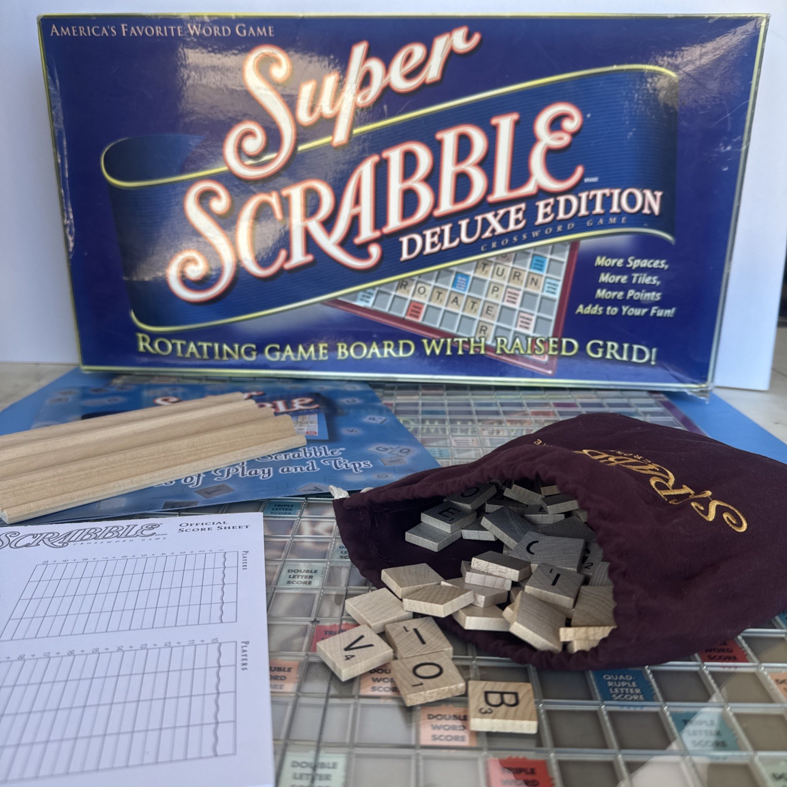 Super Scrabble Deluxe Edition Rotating 200 Tile Folding Rotating Board Complete