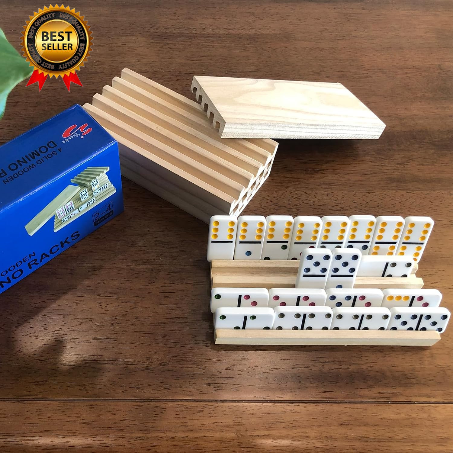 Domino Holder Trays Rack – Set of 4 Wooden Tiles Stand Holders for Mexican Train
