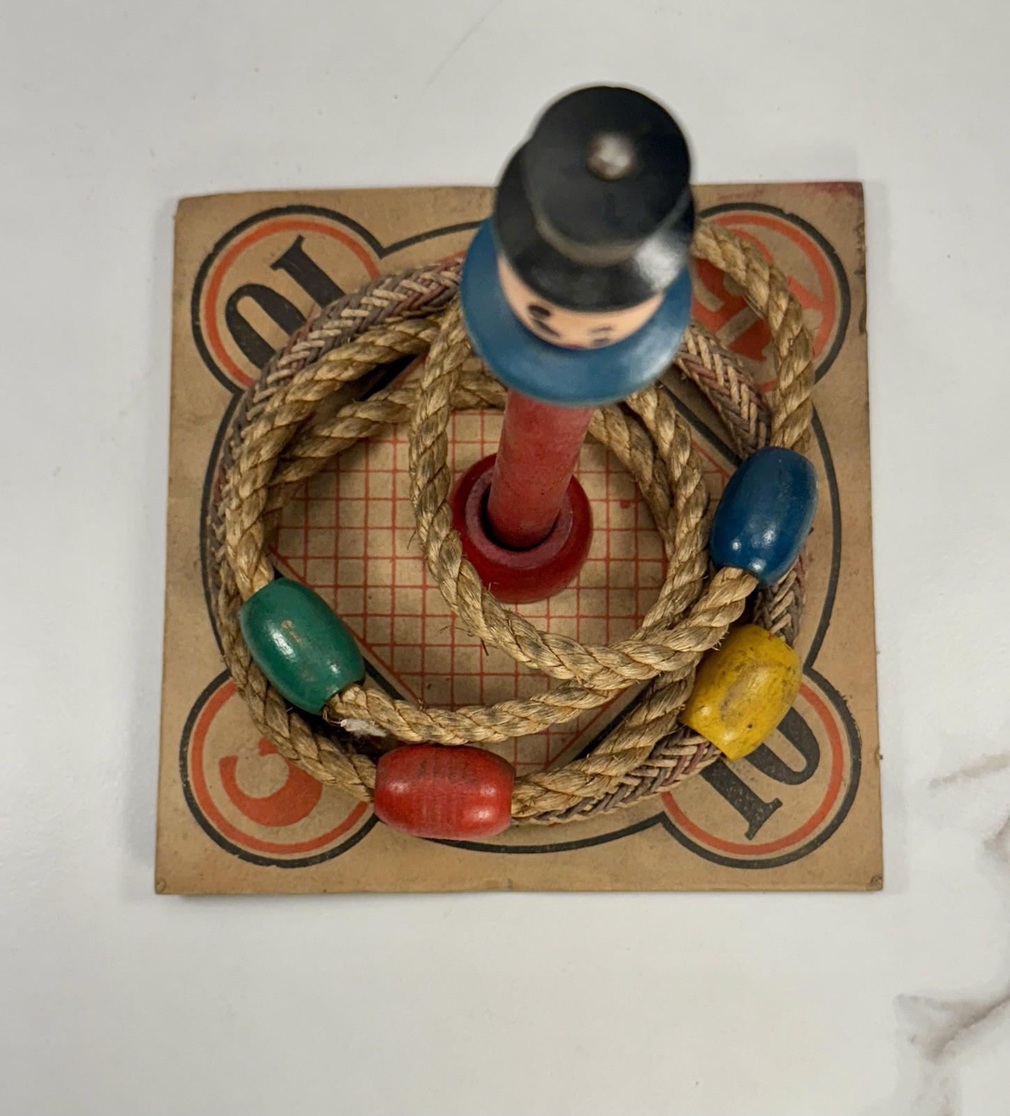 Vintage Wooden Ring Toss Game Clown Figure Rope Rings Folk Art Carnival Toy