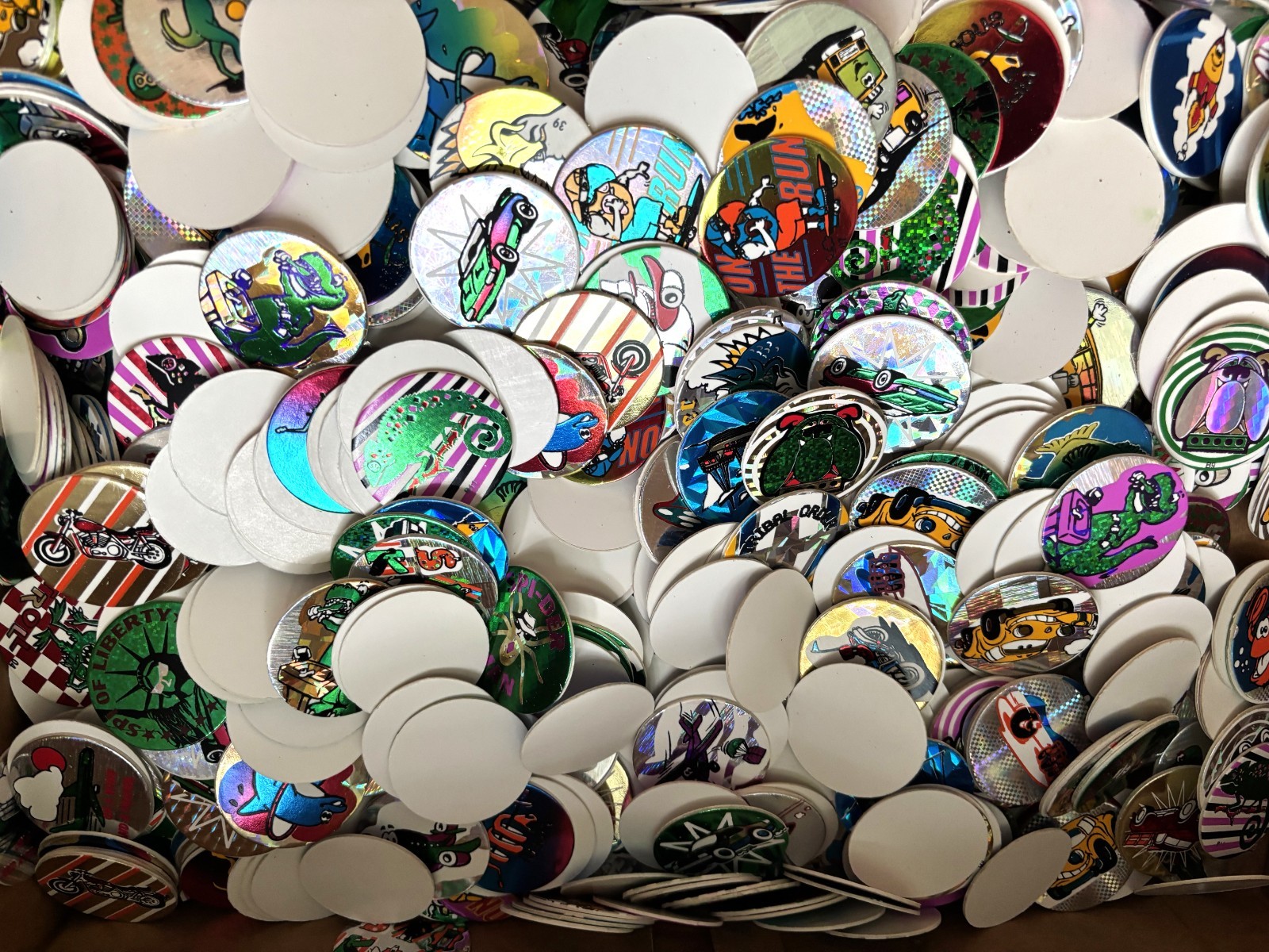 145 POGS MILK CAPS COFFIN CONTAINER FOIL CARS ANIMALS Random Lot VINTAGE 90s
