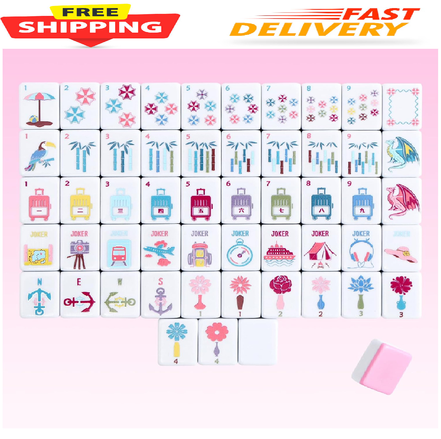 160 Pink Printed American Mahjong Game Set with Carrying Bag and Accessories,