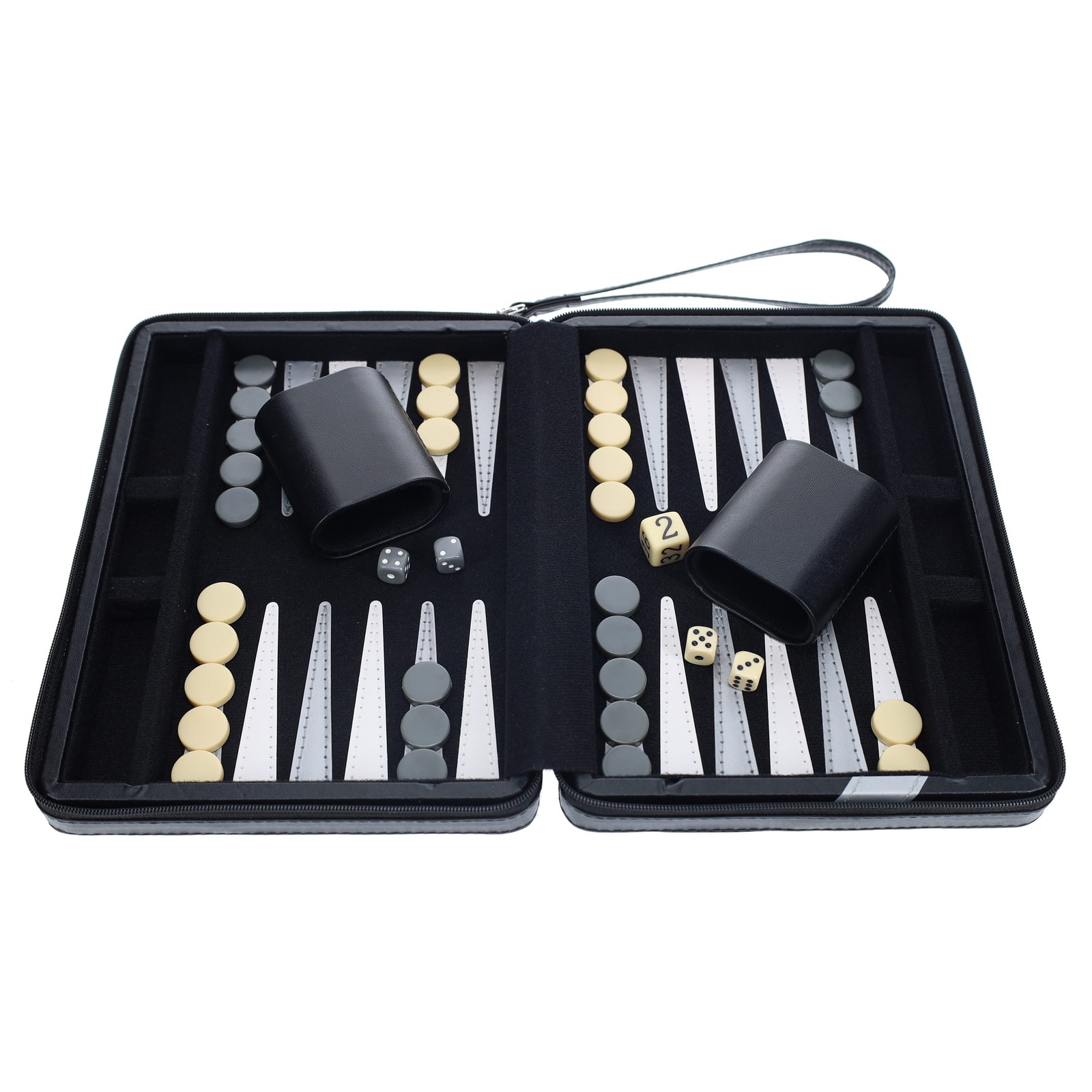 WE Games Travel Magnetic Backgammon Set, Black with Grey Stripe Leatherette Case