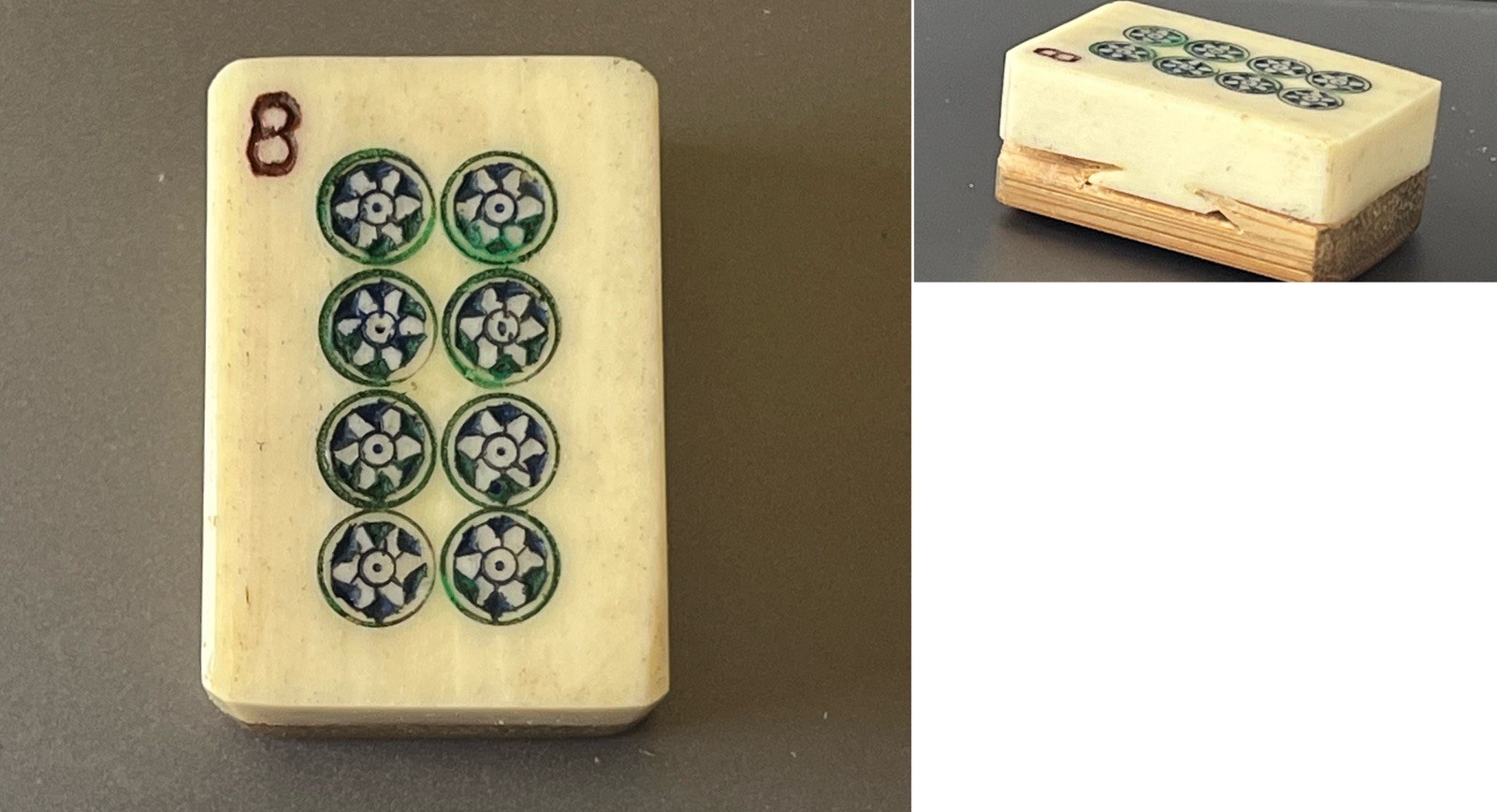 1 Vtg 1920’s Quality Mahjong Bone/Bamboo Replacement Tile 8 DOT – thick bone