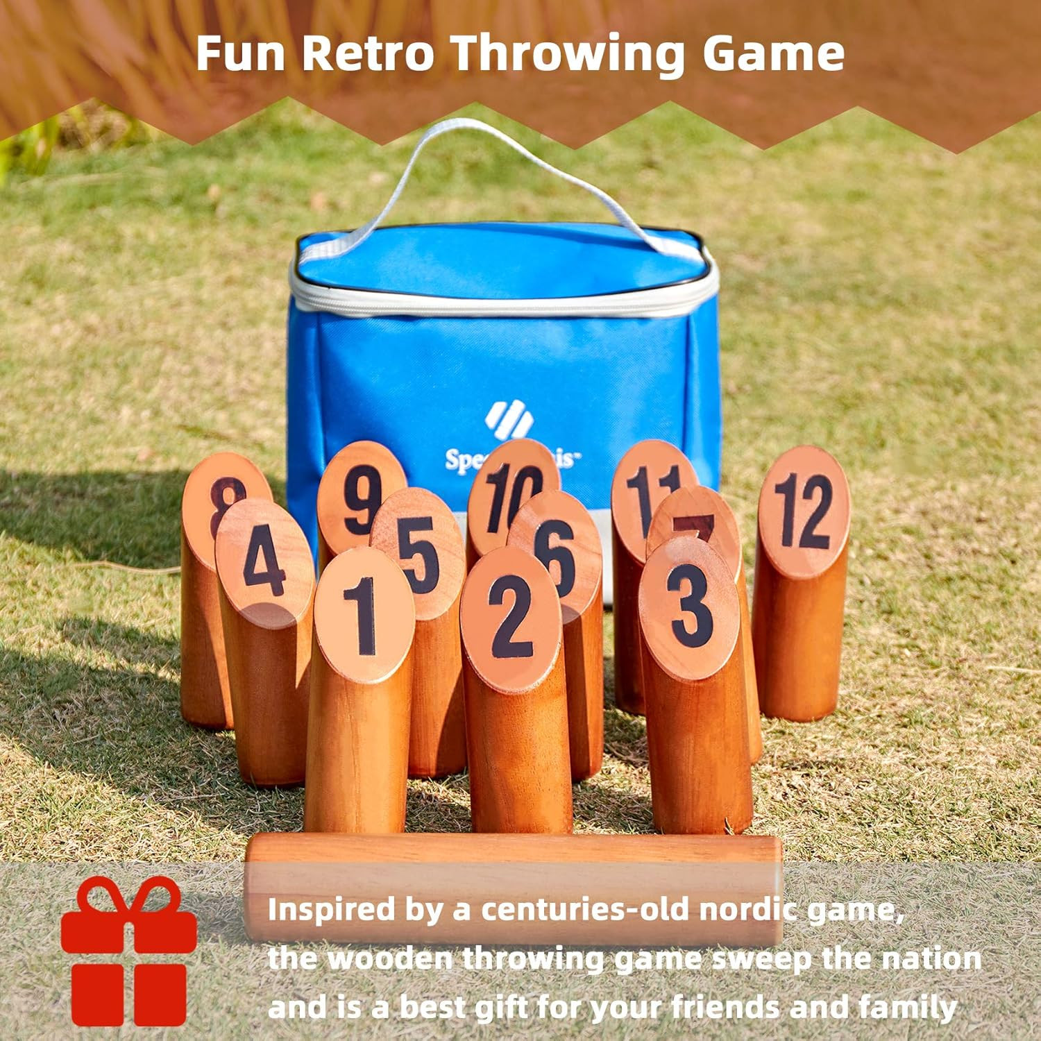 Wooden Throwing Game, 12 Numbered Block Toss Games Set with Scoreboard & Carryin
