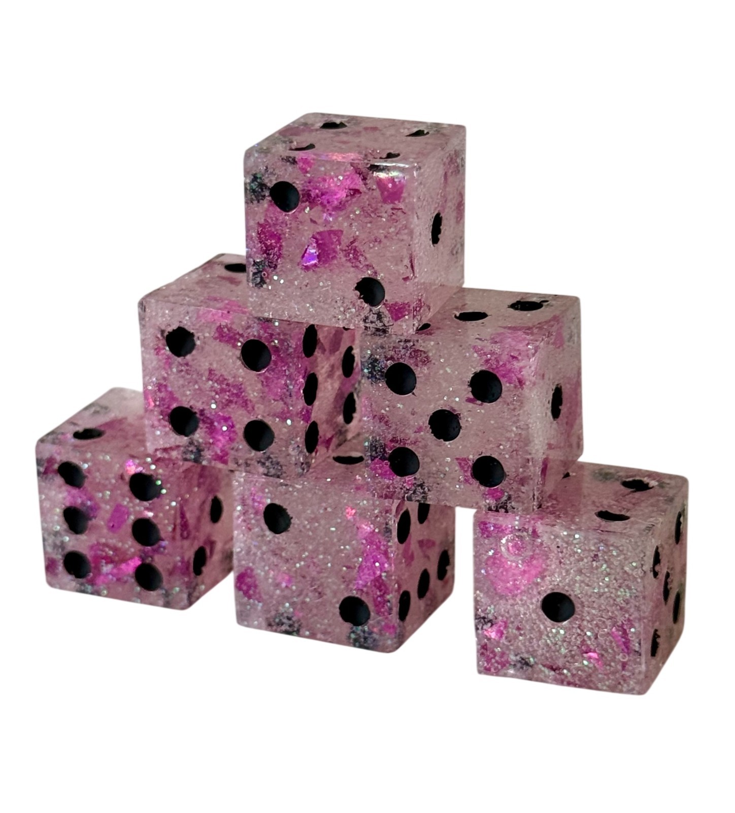 Resin Dice Set 6pcs – Pink Foil Black Dots – Handmade Replacement Dice Games