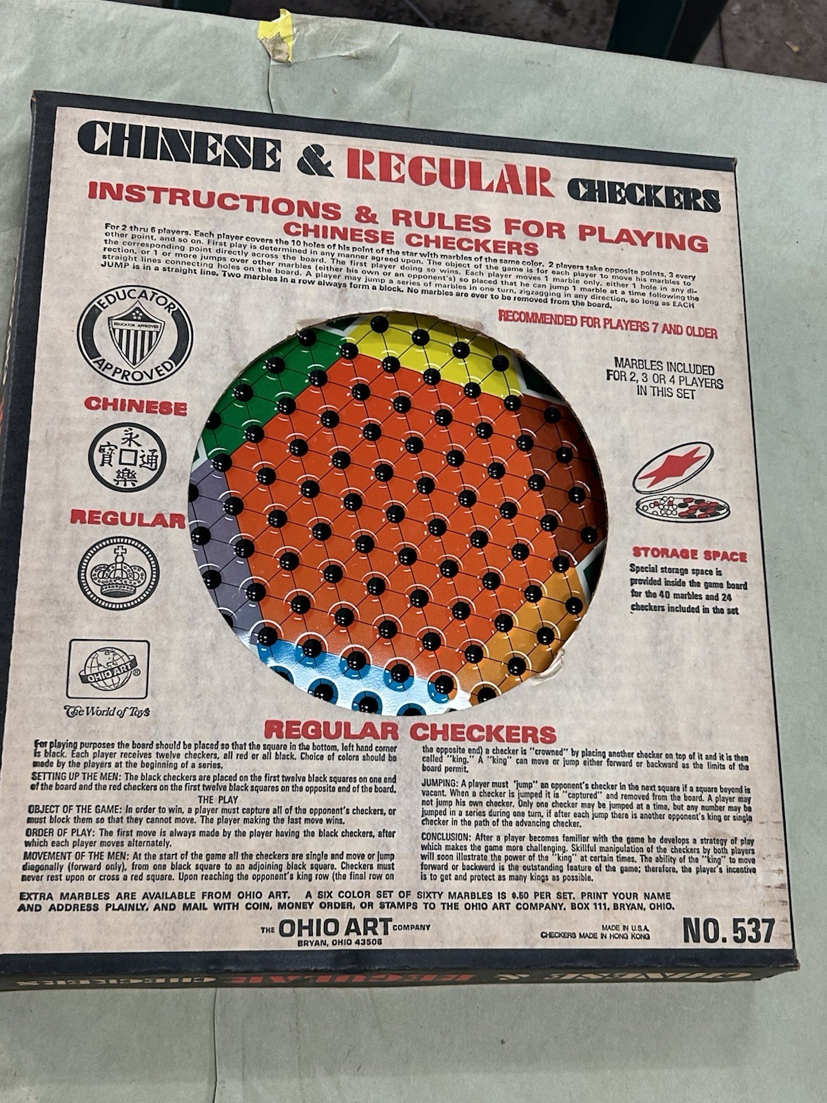 Vintage Ohio Art No. 537 Combo Chinese & Regular Checkers Game Open Faced Box